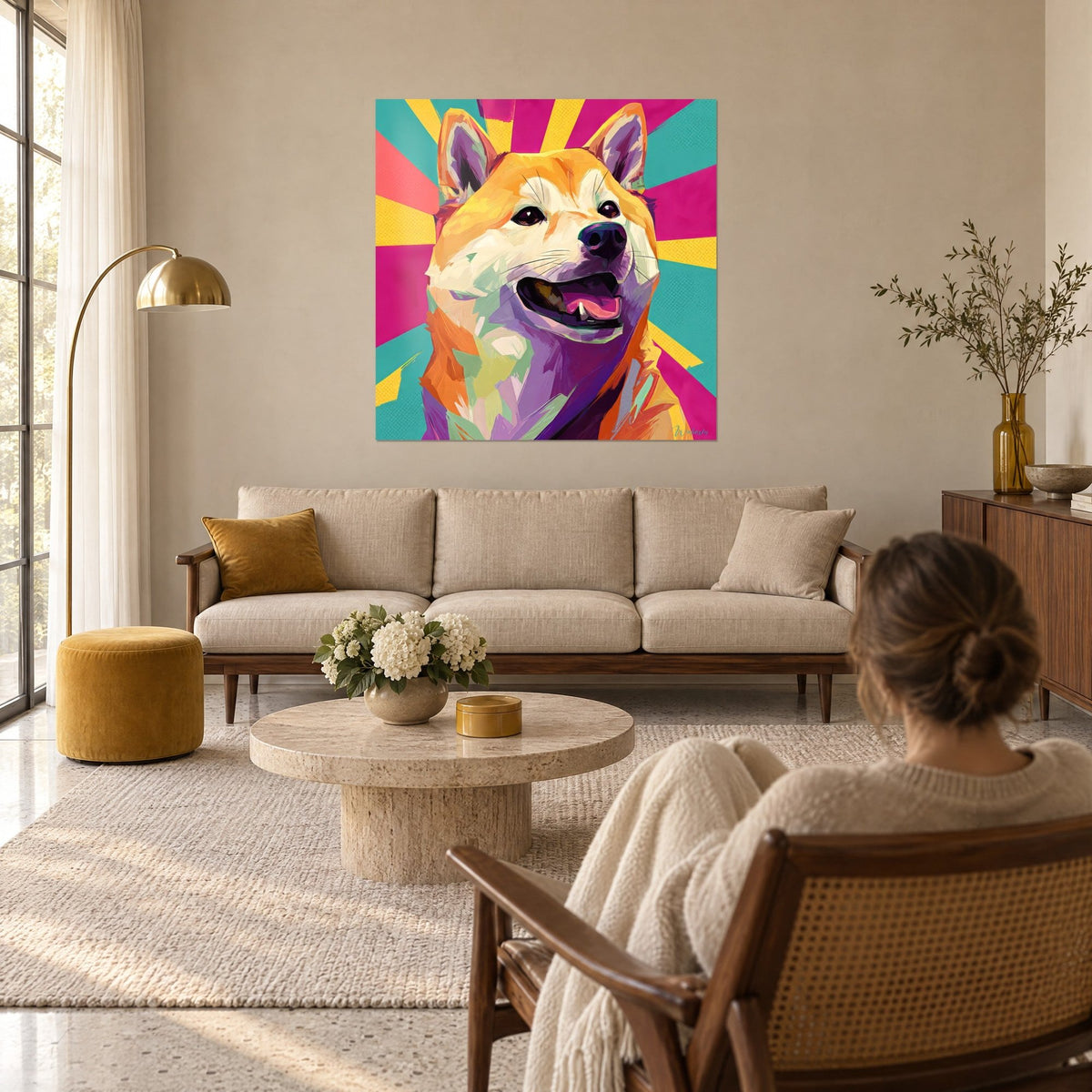 Tableau Shiba Inu au pelage orange et crème, rayons rose fuchsia et turquoise, au-dessus d'un canapé dans un salon lumineux