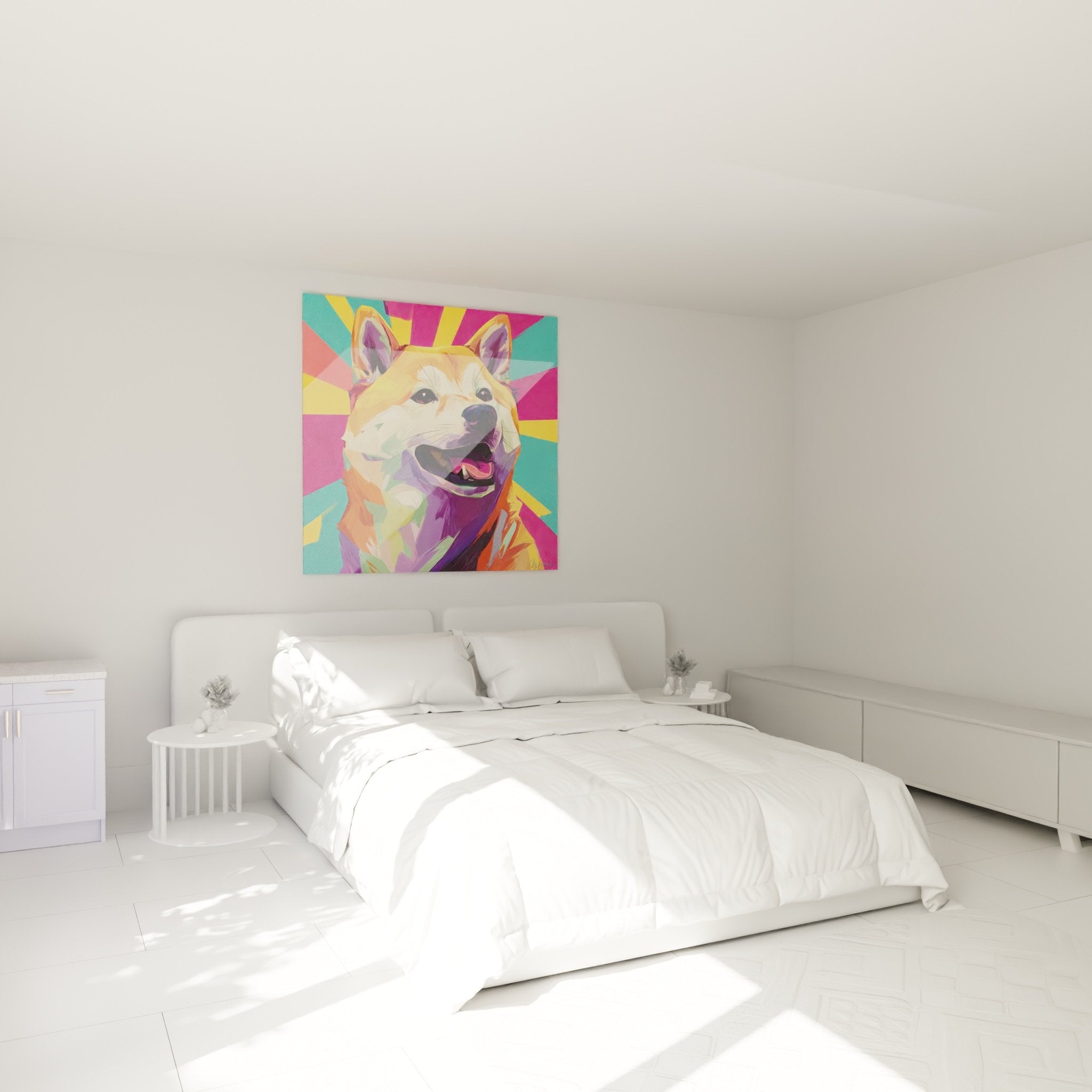 Tableau Shiba Inu aux couleurs vives accroché au mur d'une chambre moderne avec décoration contemporaine