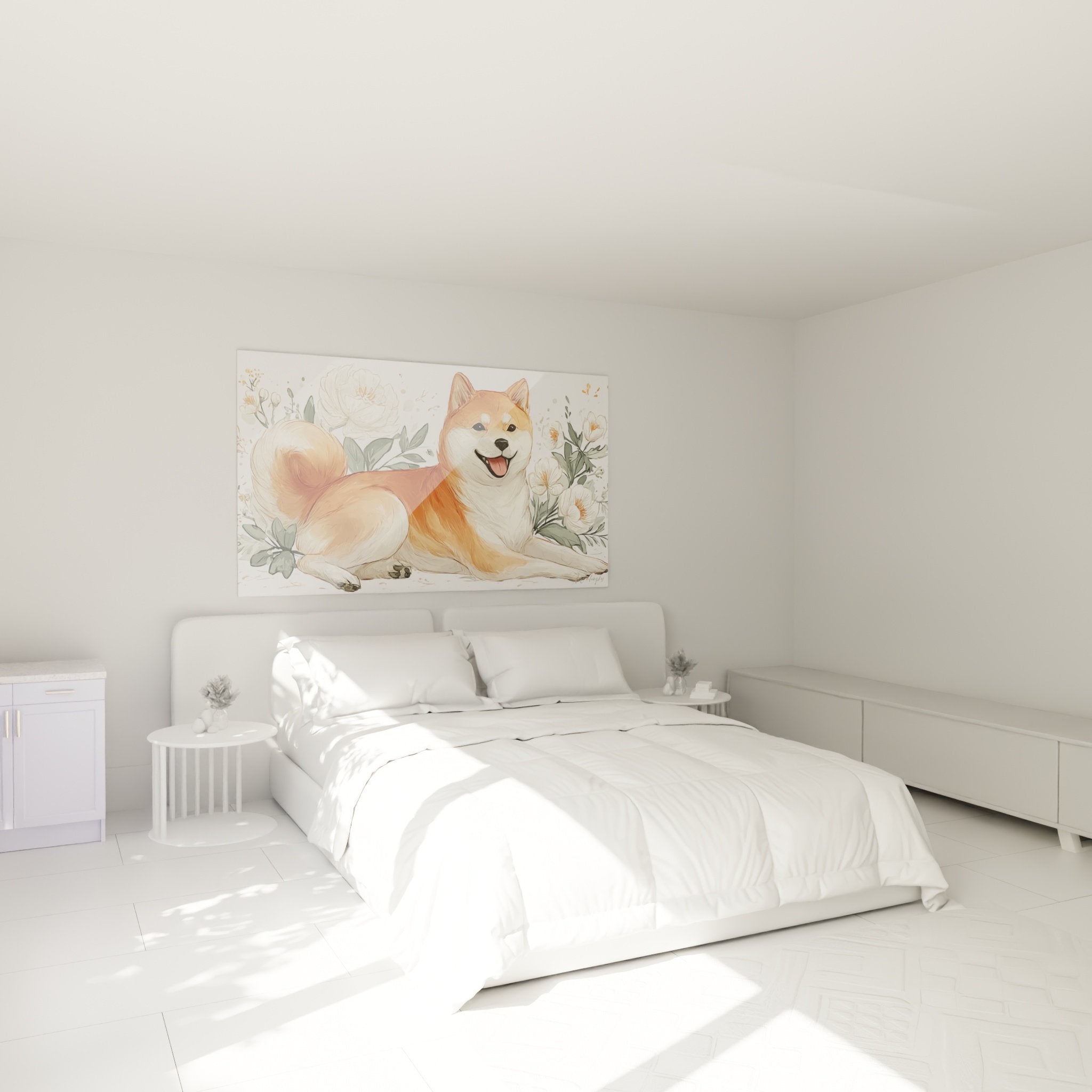 Décoration chambre avec tableau Shiba Inu fleurs blanches au-dessus du lit dans ambiance cosy