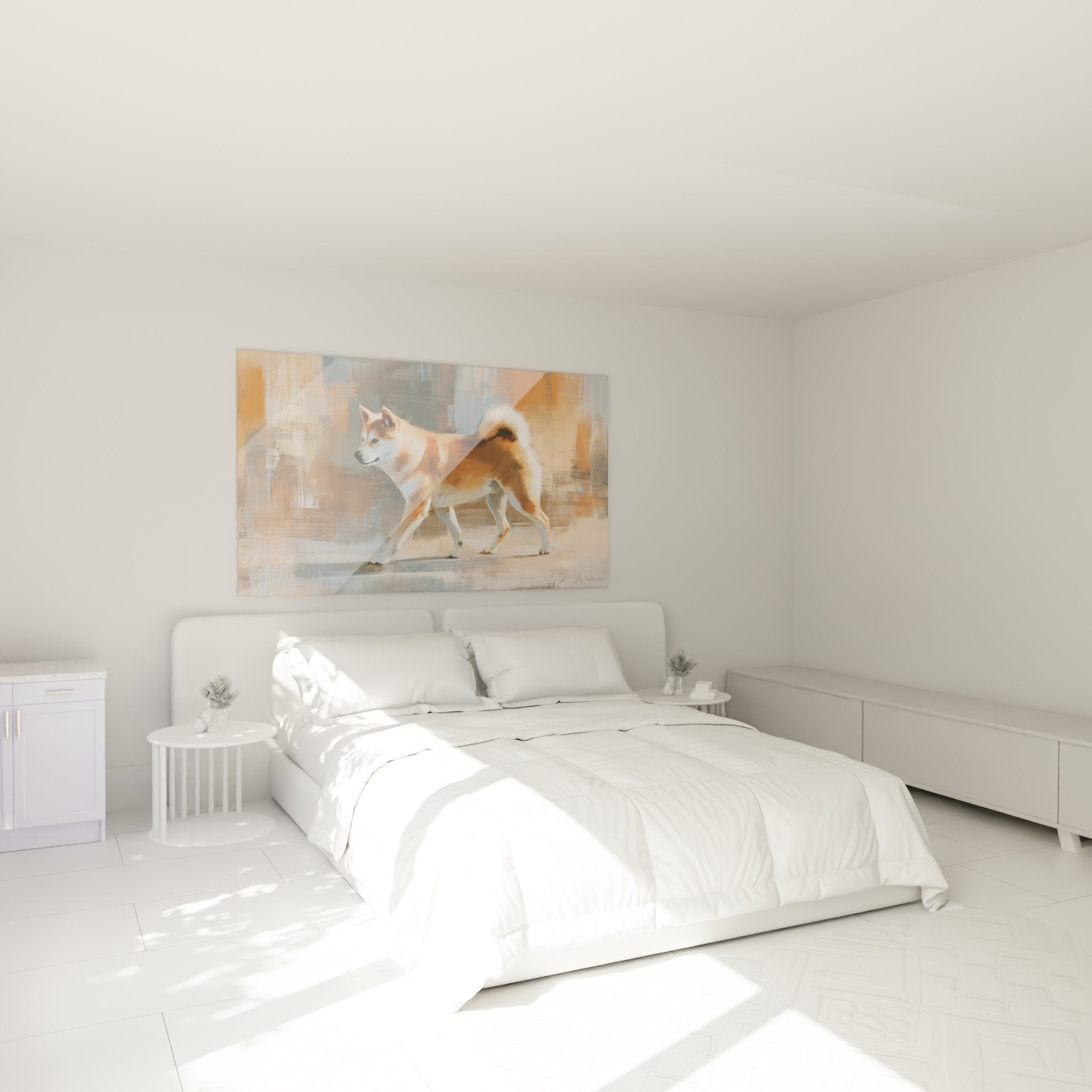 Décoration chambre avec tableau Shiba Inu roux style contemporain tons chauds