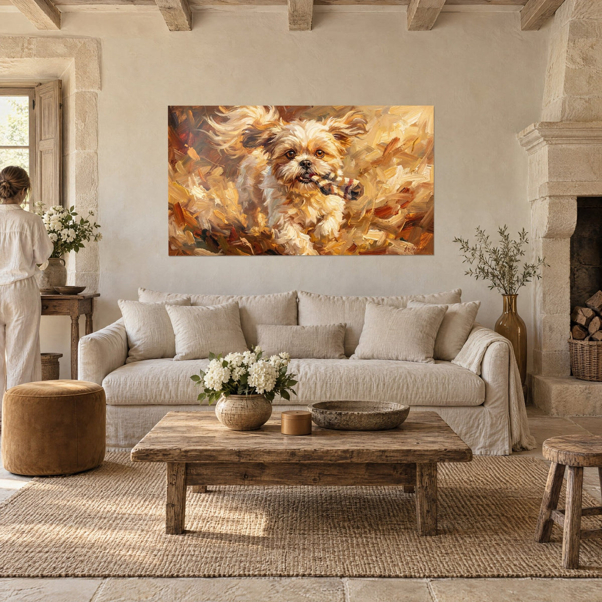 Tableau Shih Tzu aux poils dorés et crème bondissant, jouet rayé en gueule, pinceau épais, au-dessus d'un canapé dans un salon lumineux