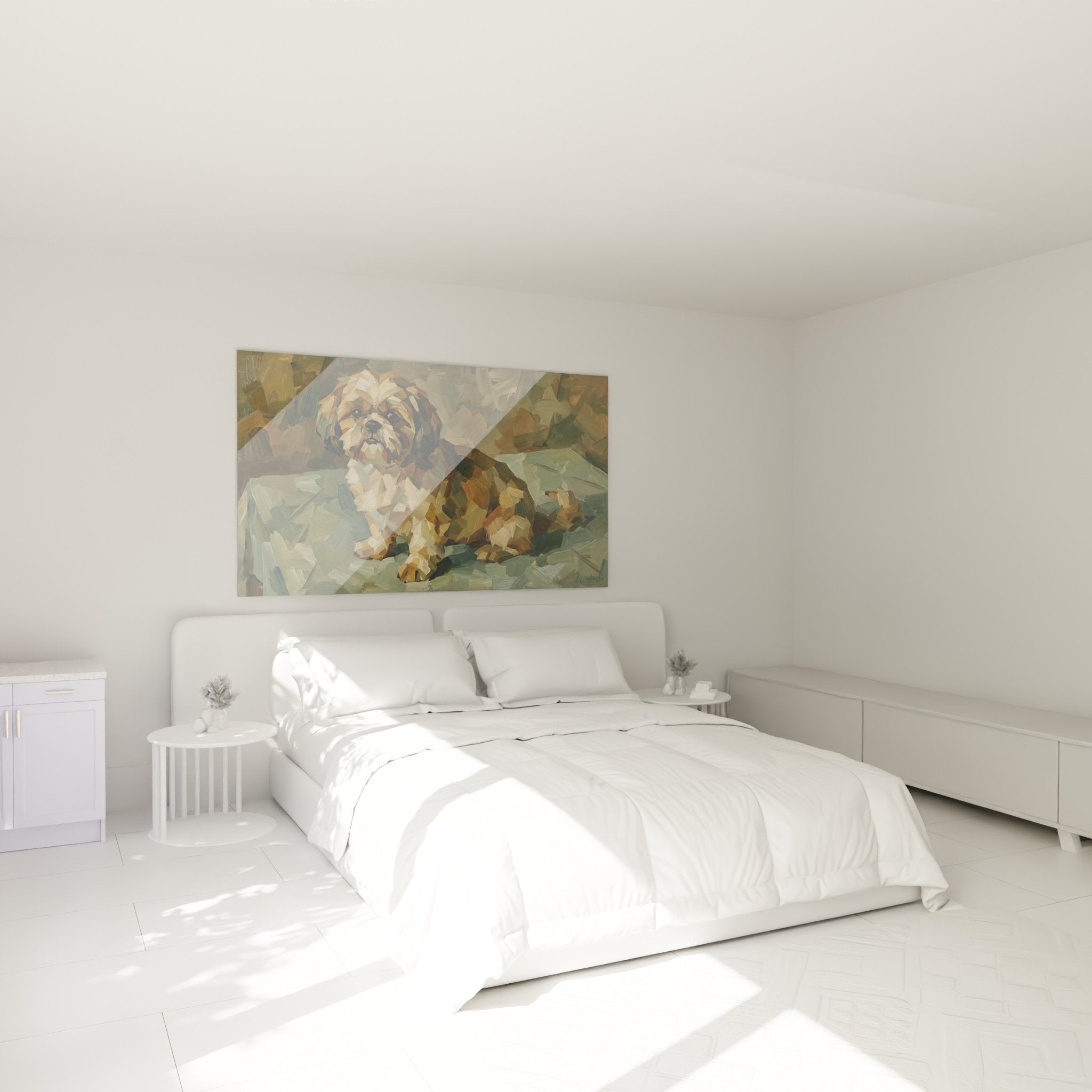 Tableau Shih Tzu portrait doré accroché dans chambre moderne, décoration murale chaleureuse