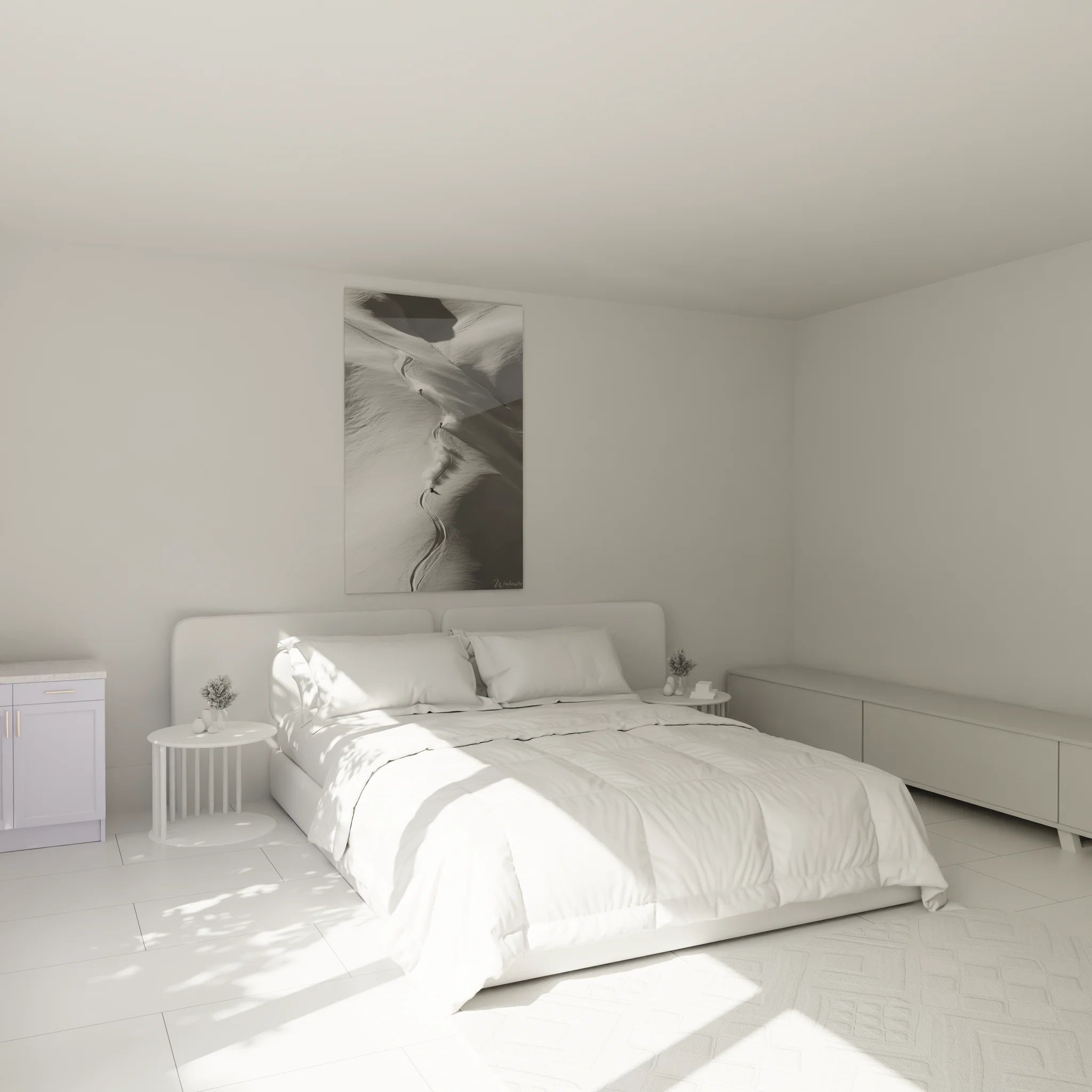 Décoration chambre avec tableau ski montagne noir et blanc, ambiance moderne sports d'hiver