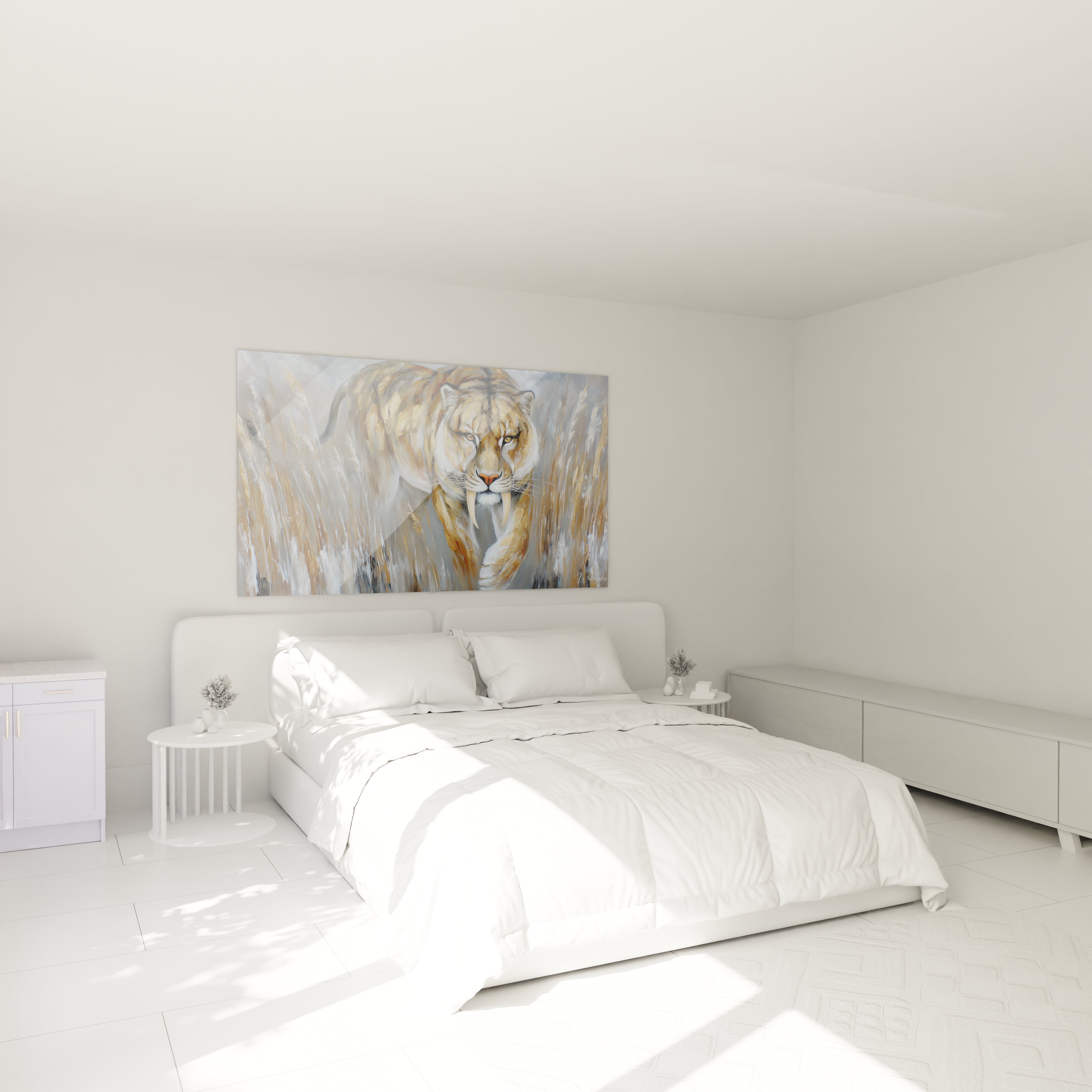 Décoration chambre avec tableau smilodon - Art mural préhistorique tigre dents de sabre ambiance moderne