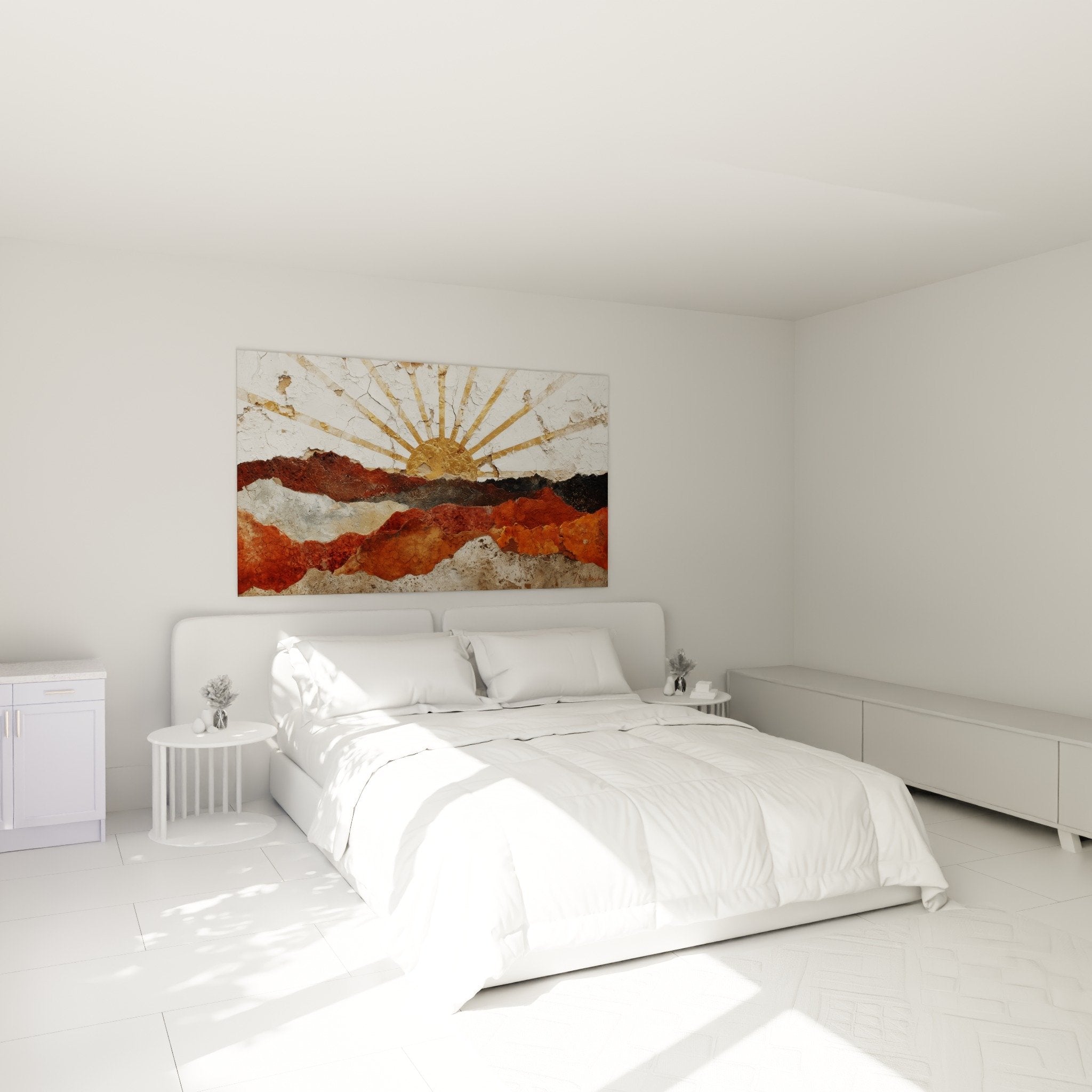 Schlafzimmer Dekoration Gemälde goldene Sonne ockerbraune Berge warme Atmosphäre Feng Shui Erdmitte