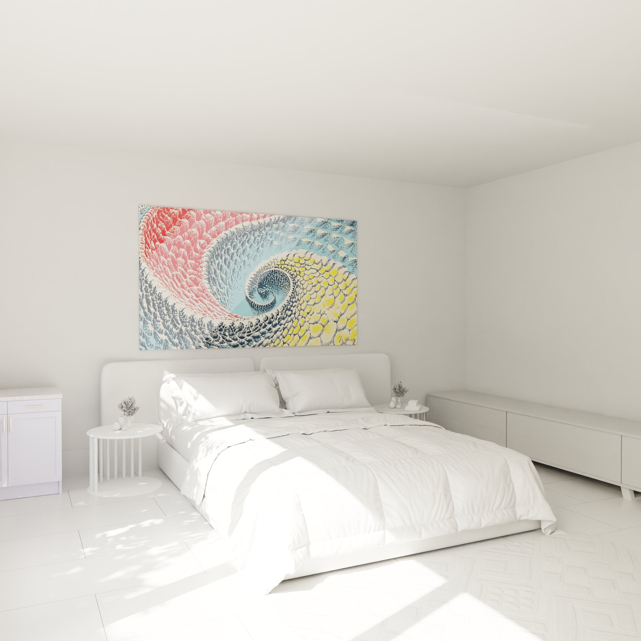 Décoration chambre avec tableau spirale colorée vortex multicolore ambiance contemporaine