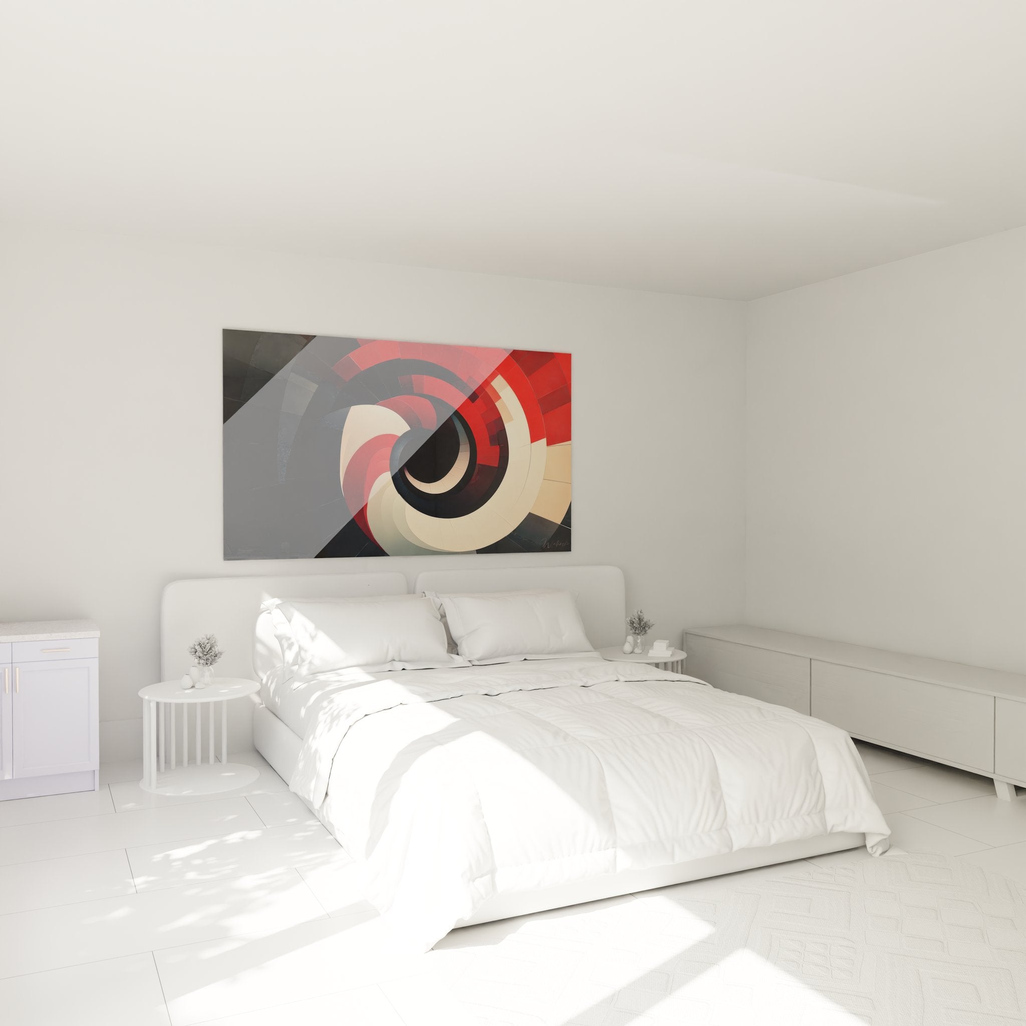 Décoration chambre tableau spirale géométrique rouge moderne au-dessus du lit ambiance contemporaine