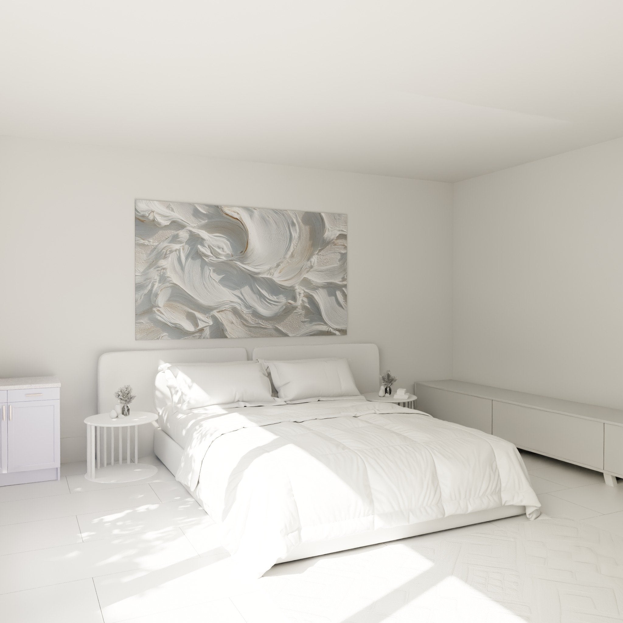 Décoration chambre tableau gris argenté blanc spirales feng shui métal ambiance apaisante moderne