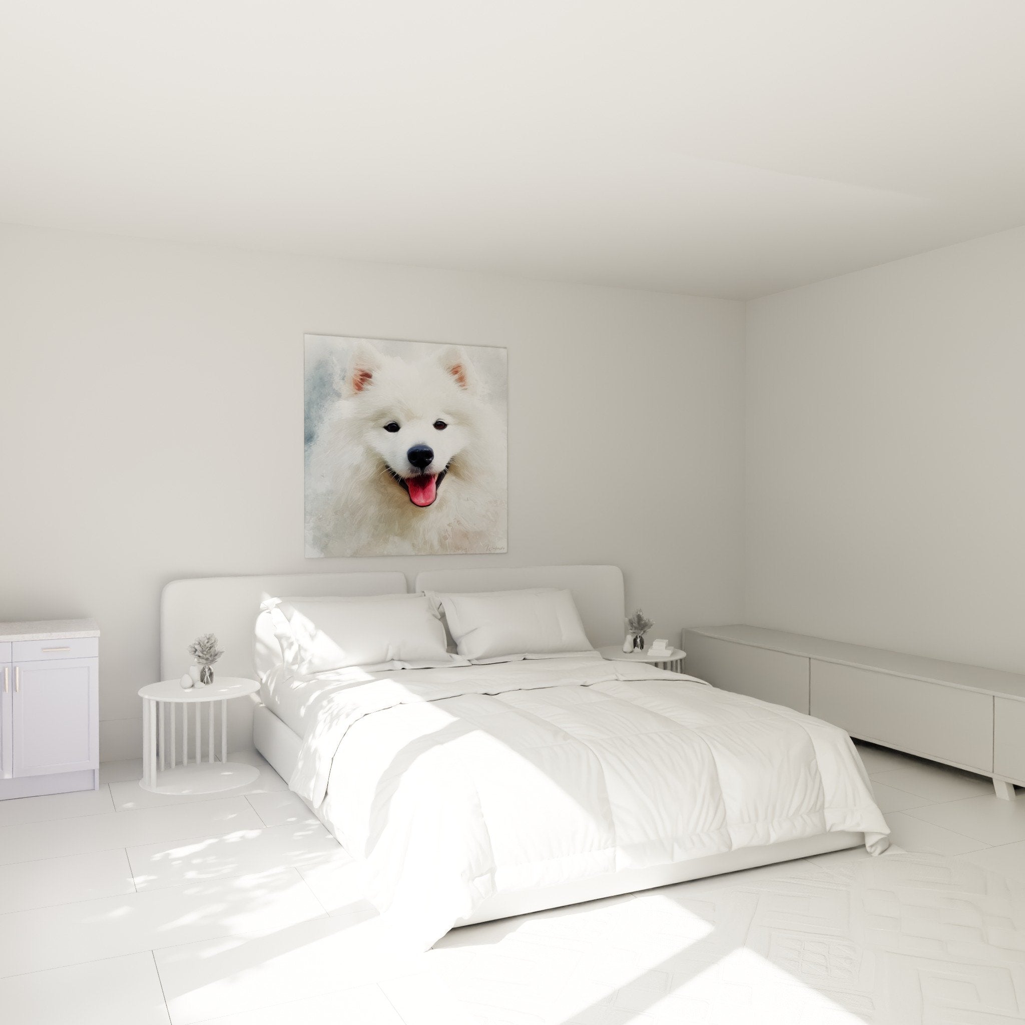 Tableau Spitz Japonais pelage blanc dans chambre decoration murale art animalier tendresse