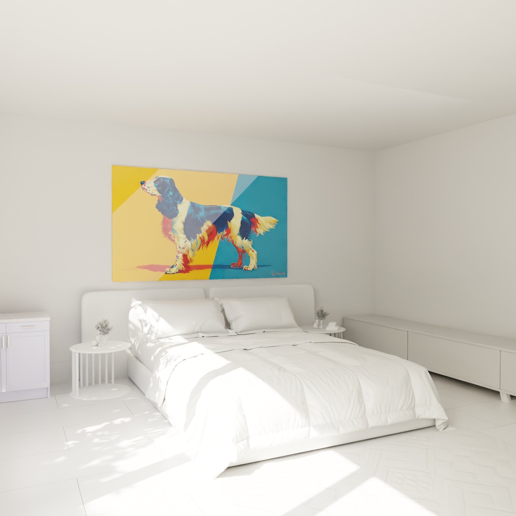 Decoration chambre moderne avec tableau Springer Anglais pop art colore au mur