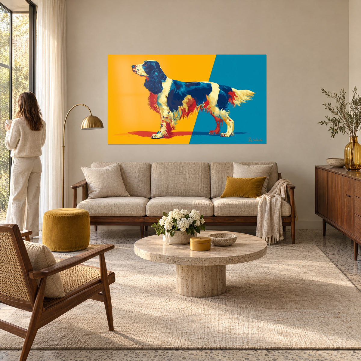 Πίνακας τρίχρωμο σπάνιελ σε στιλ pop art, τρίχωμα μπλε νυχτερί και κρεμ, φόντο κίτρινο και τυρκουάζ, πάνω από καναπέ σε φωτεινό σαλόνι