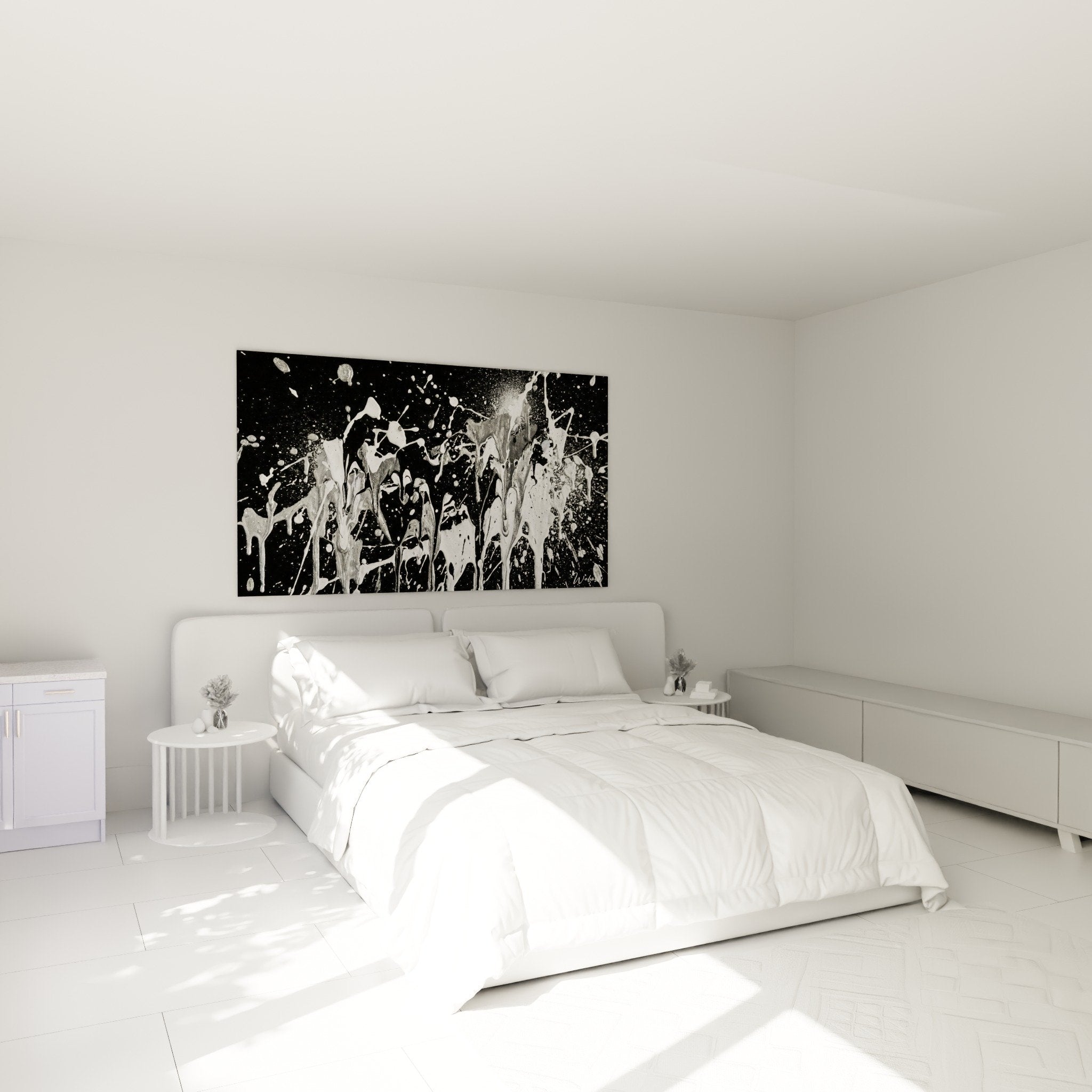 Décoration chambre moderne tableau street art éclaboussures noir blanc au-dessus du lit contemporain