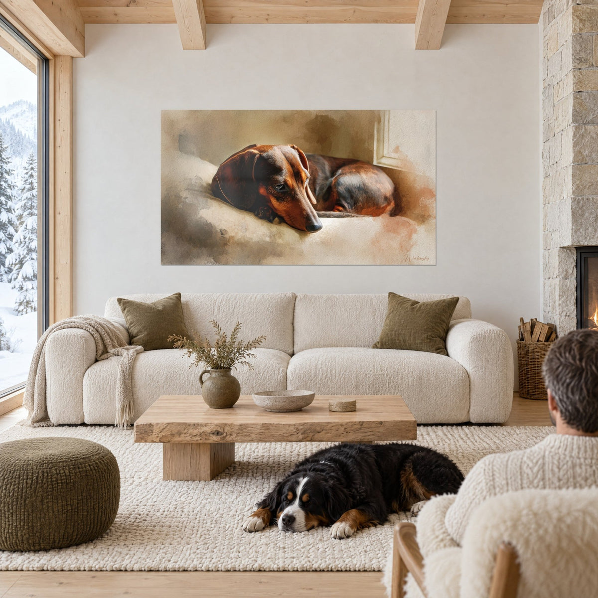 Wall art of a dozing dachshund, copper and chocolate coat on a cream cushion, muzzle resting, above a sofa in a bright living room