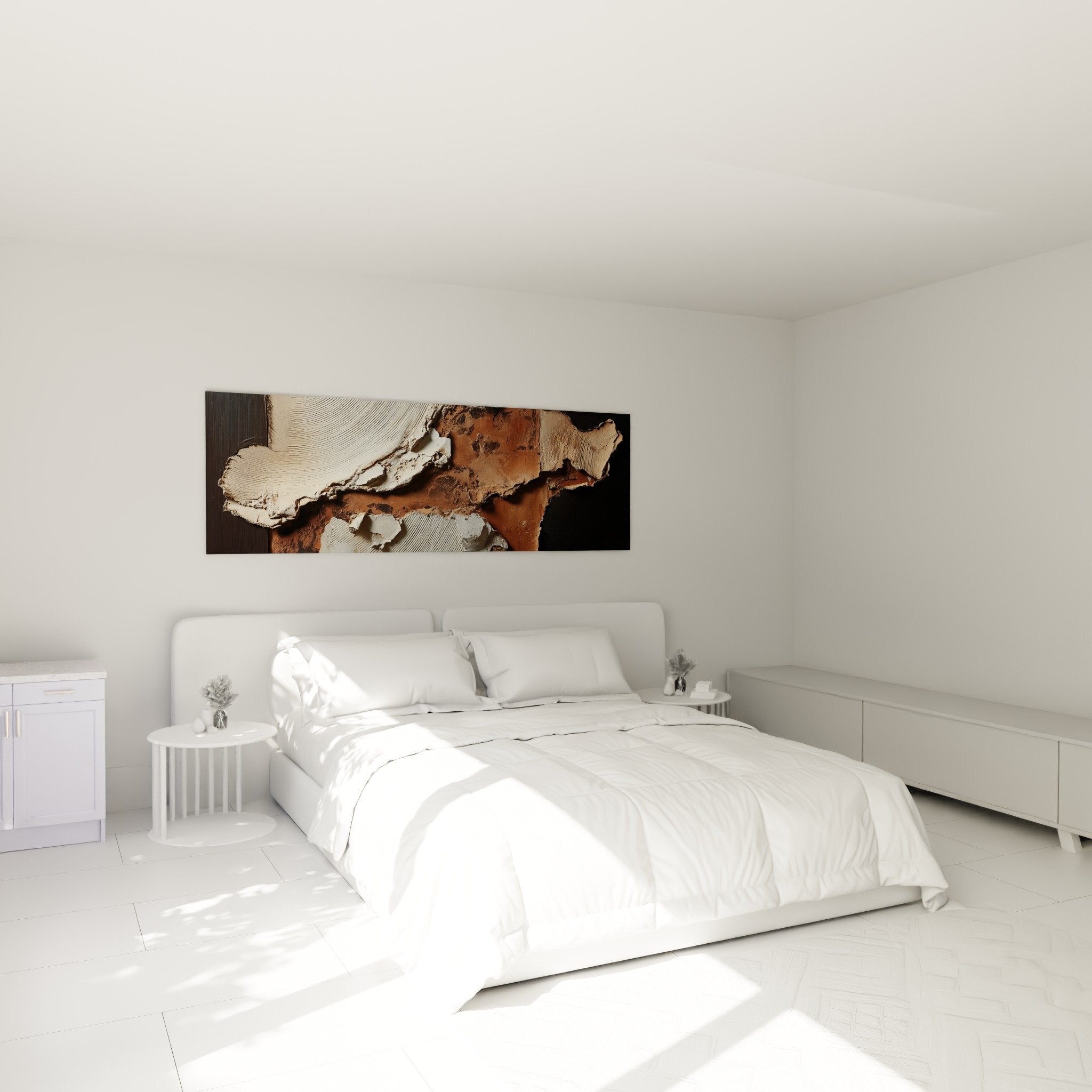 Deco chambre tableau abstrait terre blanc relief sculpture murale feng shui nord est