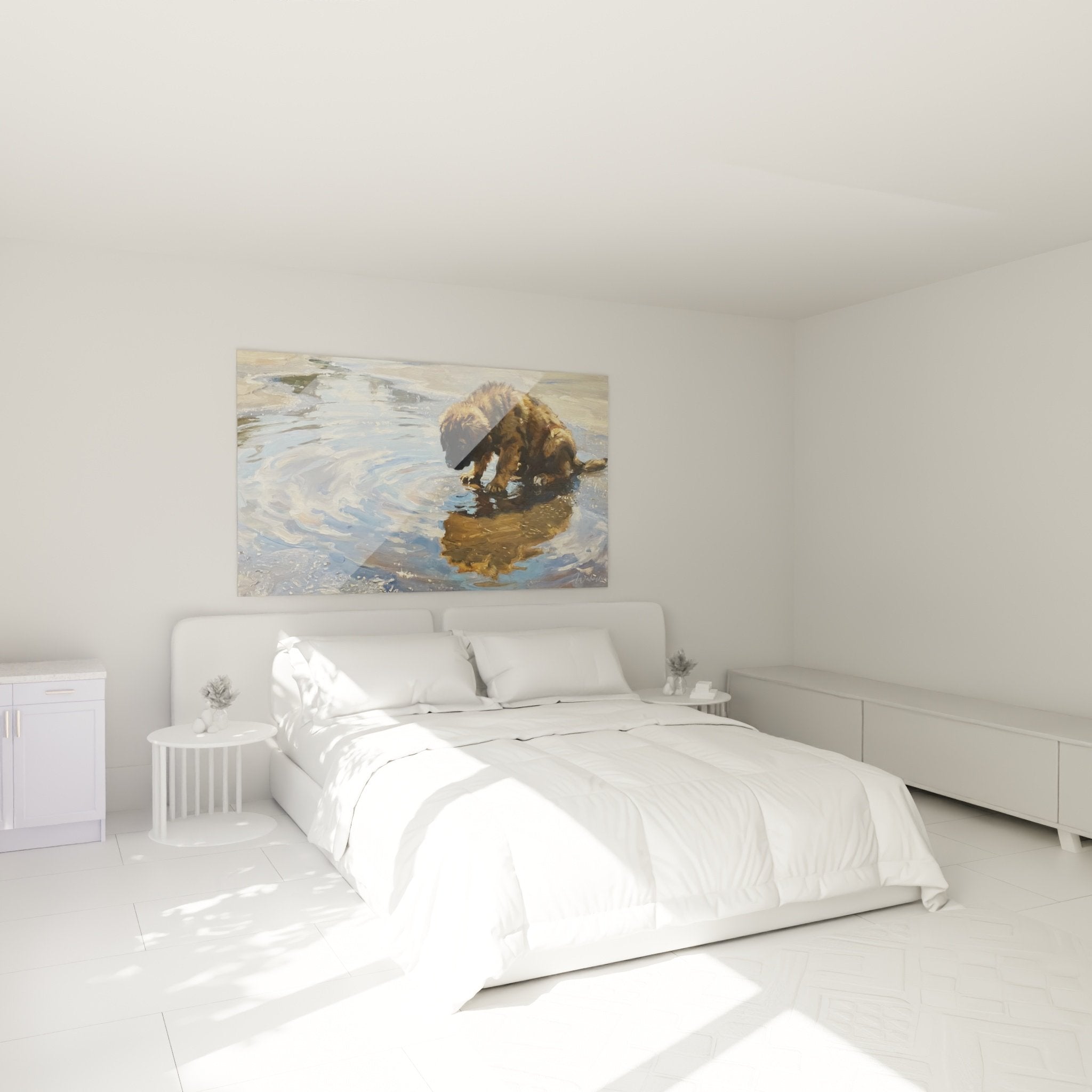 Deco chambre avec tableau Terre Neuve dans eau, ambiance naturelle et apaisante, tons beiges bleus