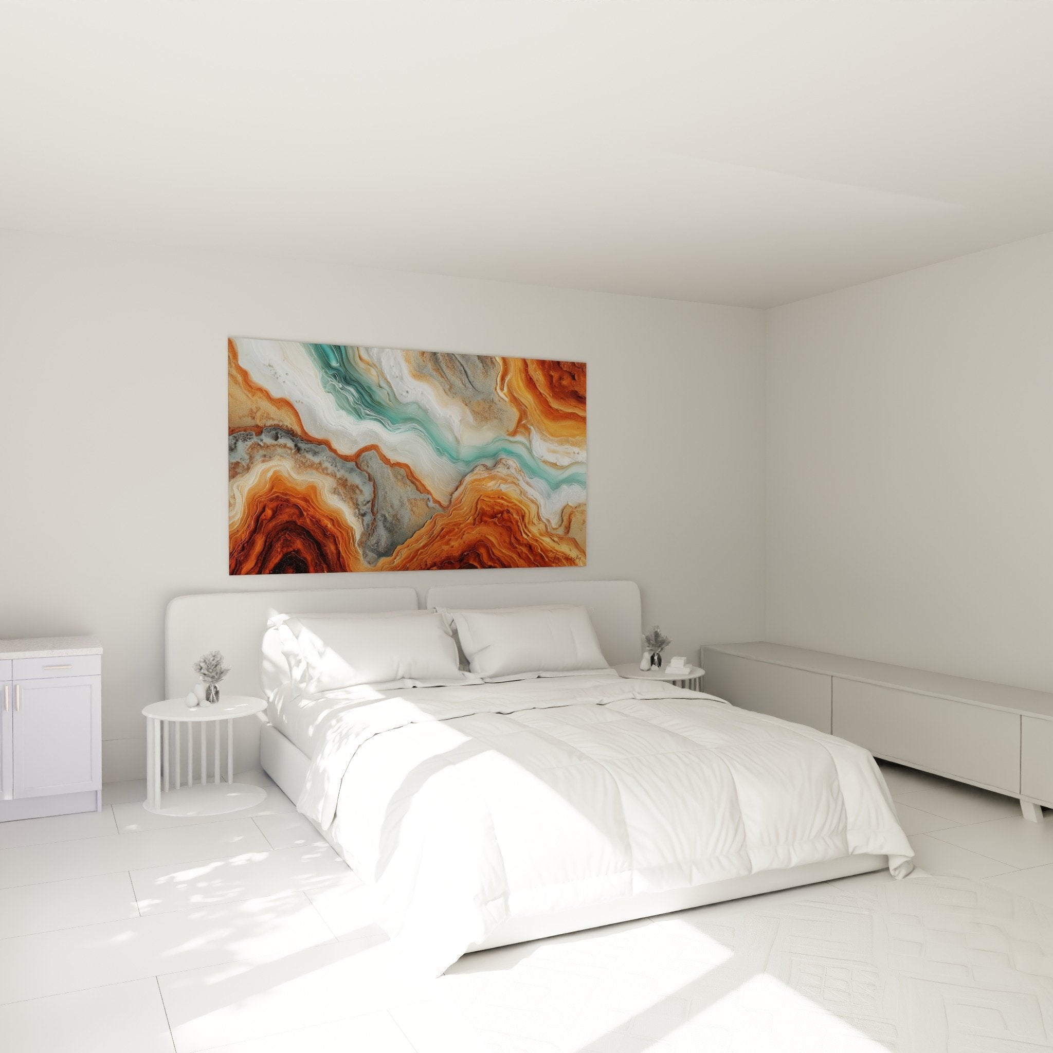 Decoration chambre tableau abstrait terre turquoise harmonie minerale feng shui nord-est ambiance zen