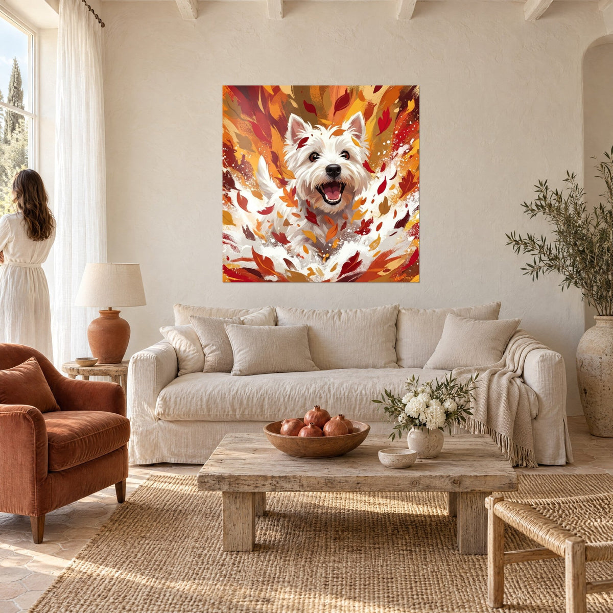 Πίνακας ενός χαρούμενου West Highland White Terrier που πηδά ανάμεσα σε κόκκινα και πορτοκαλί φύλλα, πάνω από έναν καναπέ σε ένα φωτεινό σαλόνι