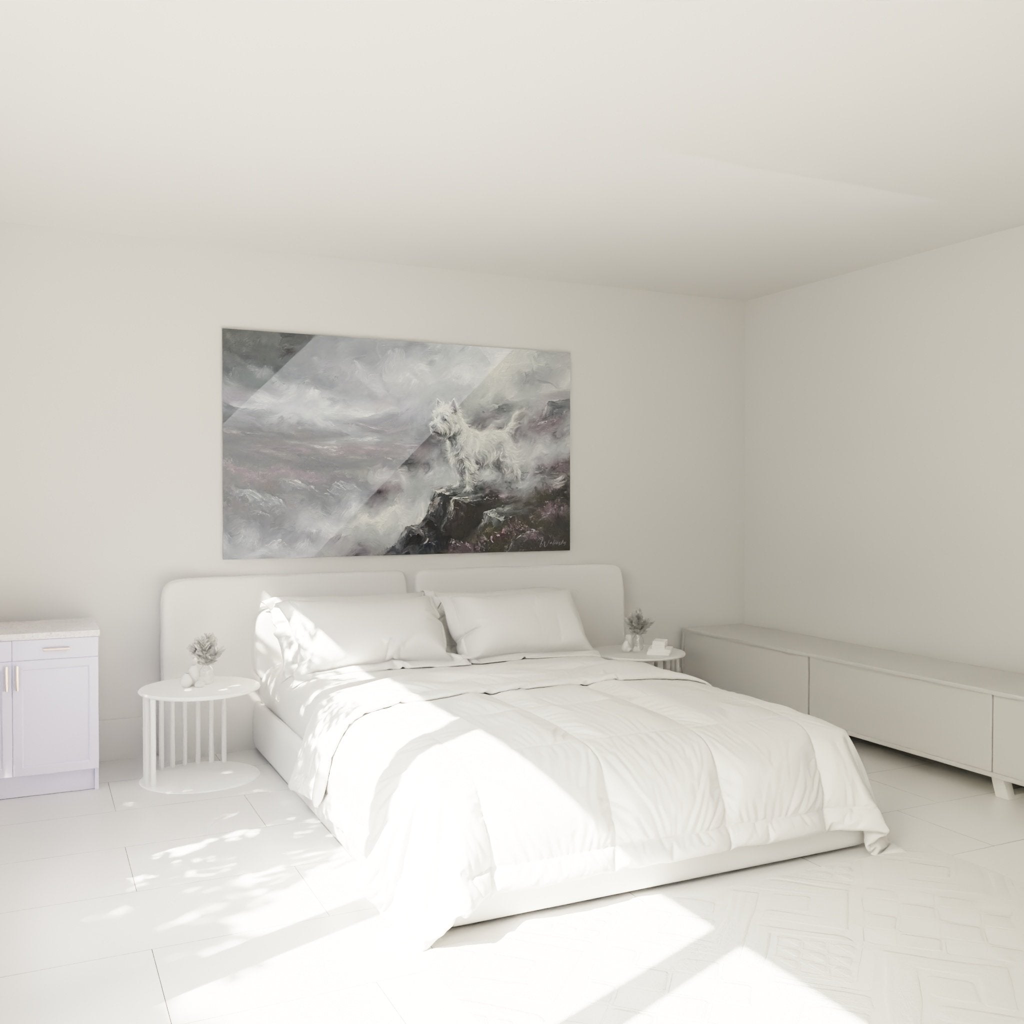 Décoration chambre avec tableau terrier blanc sur paysage brumeux, tons gris et mauves apaisants