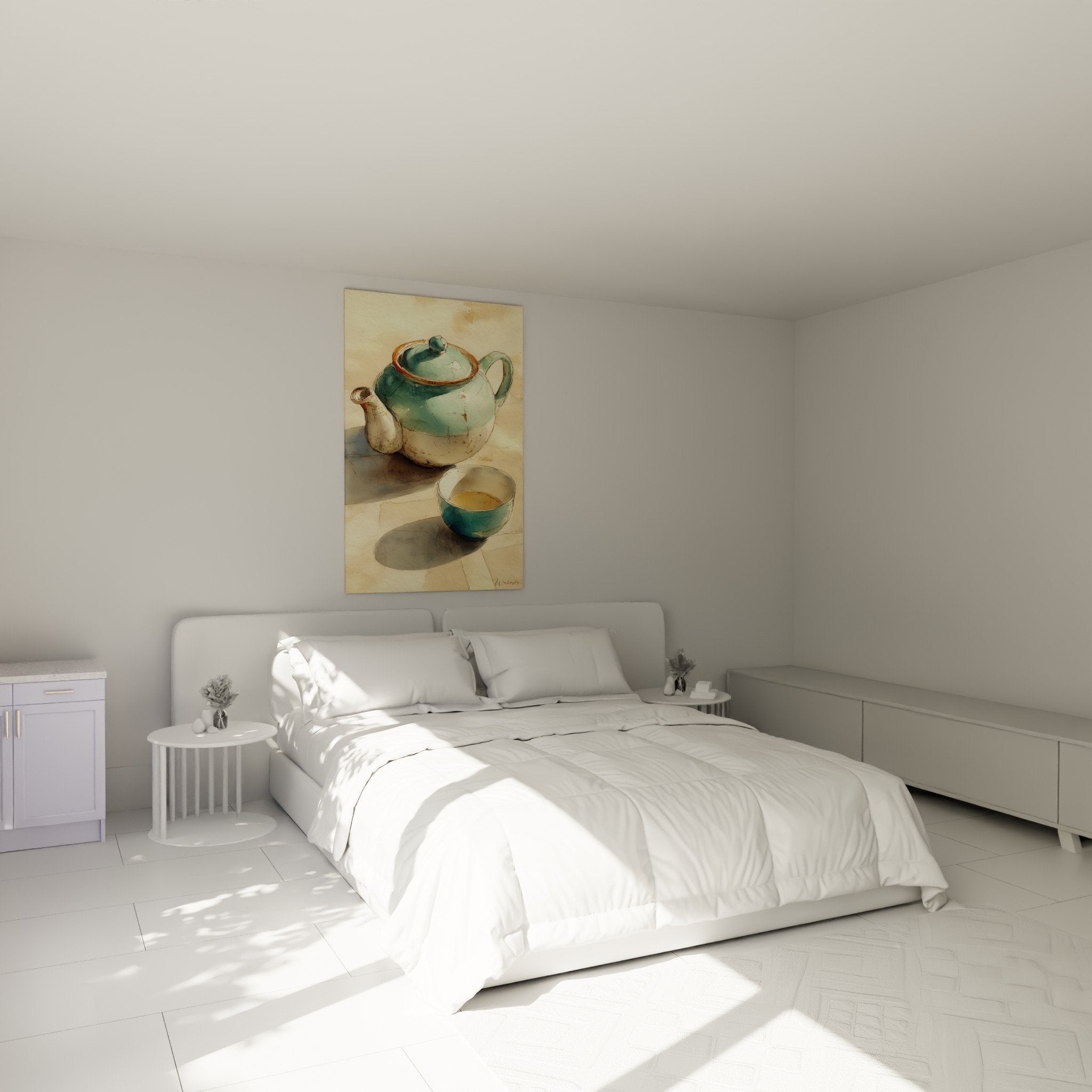 Bedroom decoration with watercolor painting Japanese teapot turquoise and cream tones