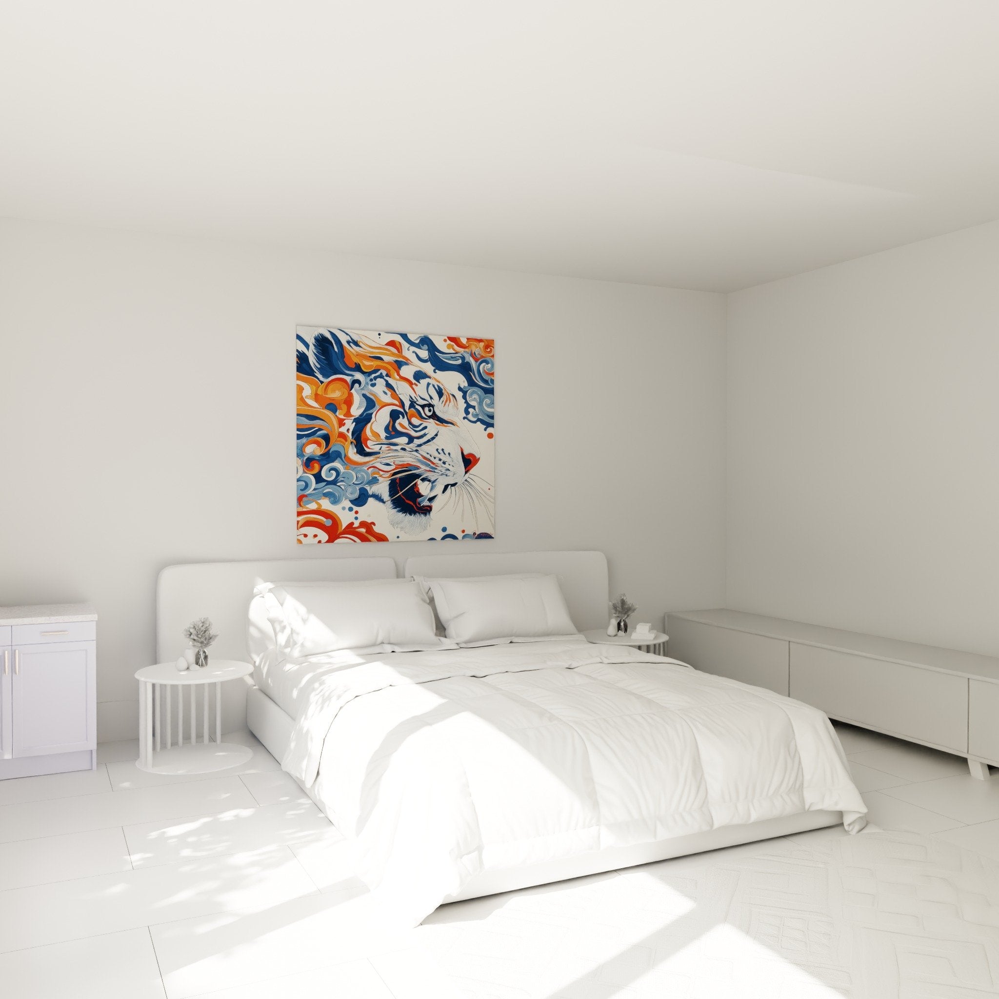 Decoration chambre tableau tigre stylise bleu orange art mural contemporain ambiance moderne