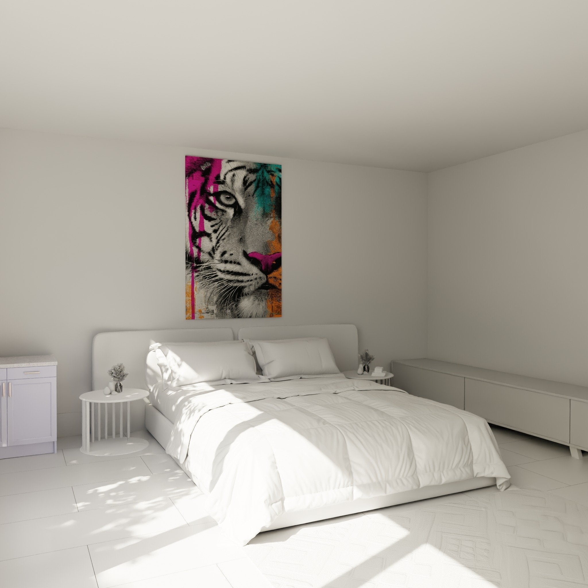 Tableau tigre graphique rose turquoise au dessus lit chambre moderne decoration murale