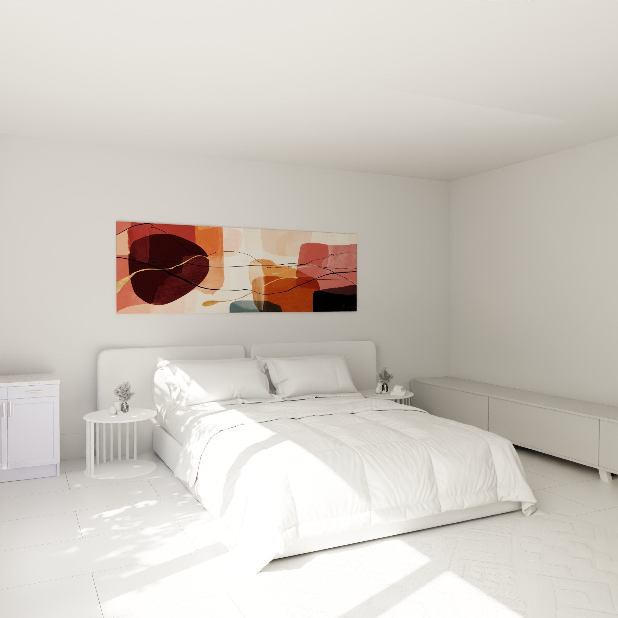 Deco chambre tableau abstrait tons terre terracotta rose poudre ambiance feng shui harmonieuse