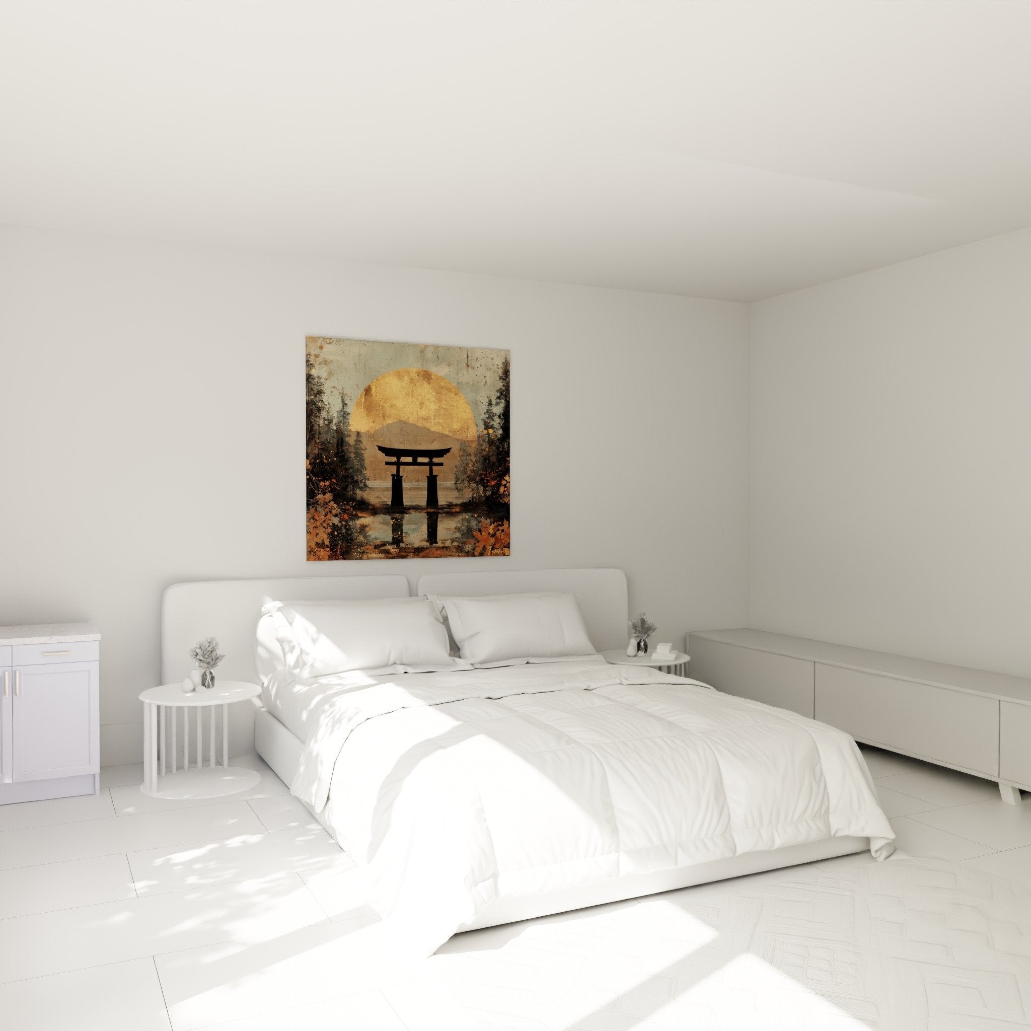 Décoration murale torii japonais doré dans chambre moderne avec ambiance zen et apaisante