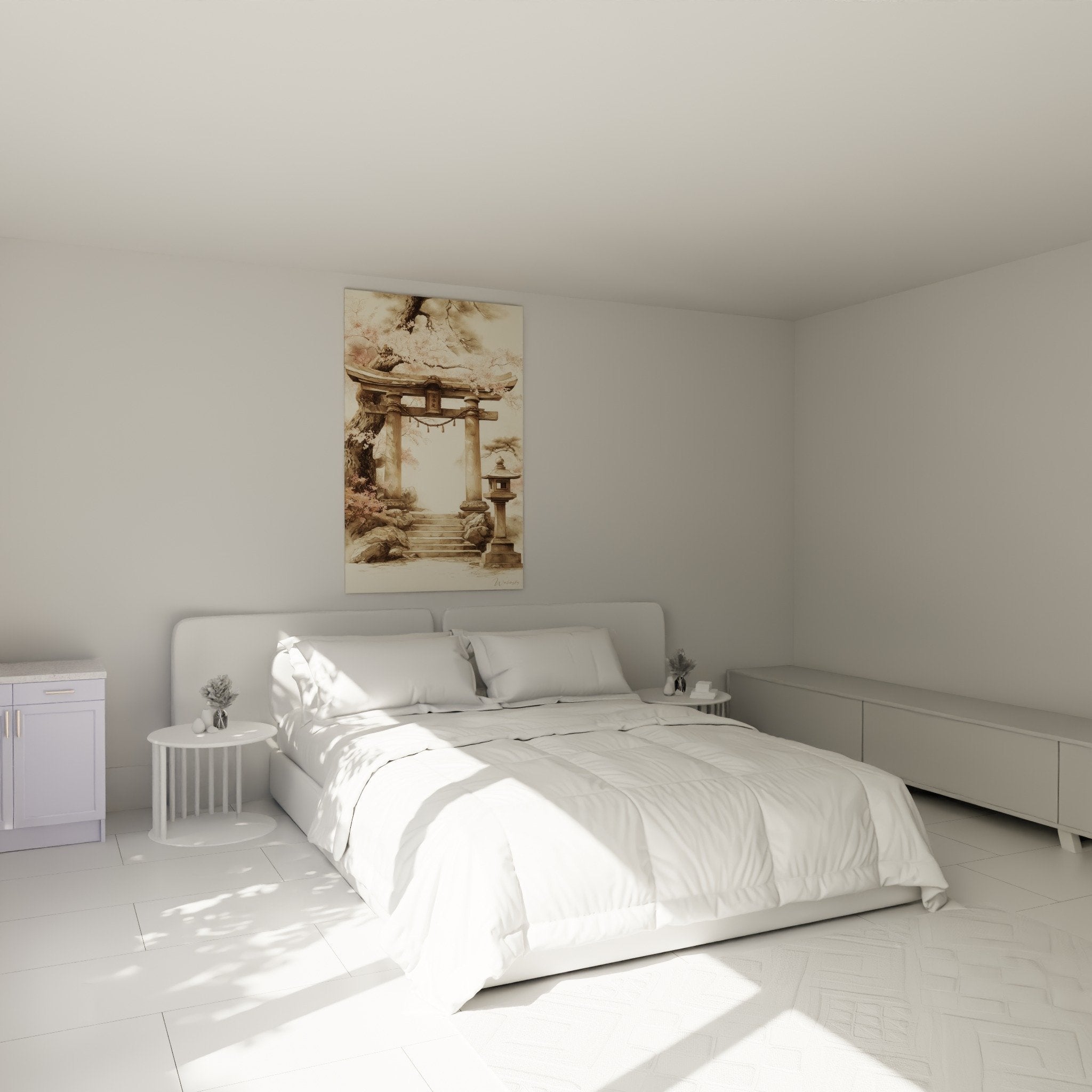 Japanese torii gate wall art in sepia pink for bedroom decoration with zen and calming atmosphere
