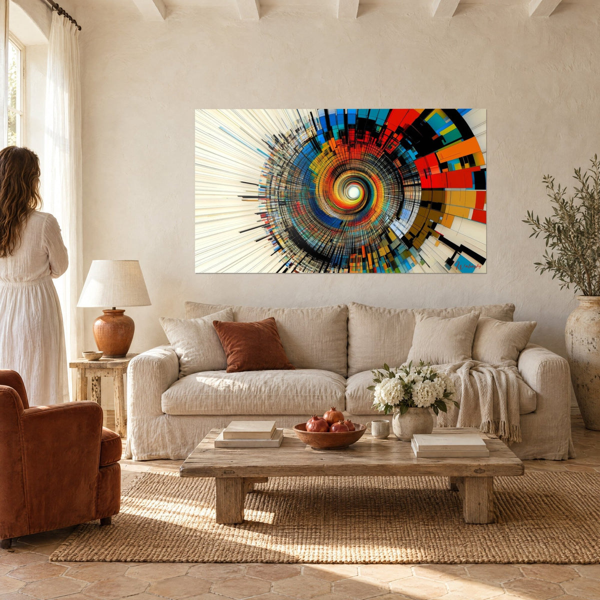 Wall art hypnotic tunnel with orange and blue rings, cream rays, a woman seen from behind, above a sofa in a bright living room