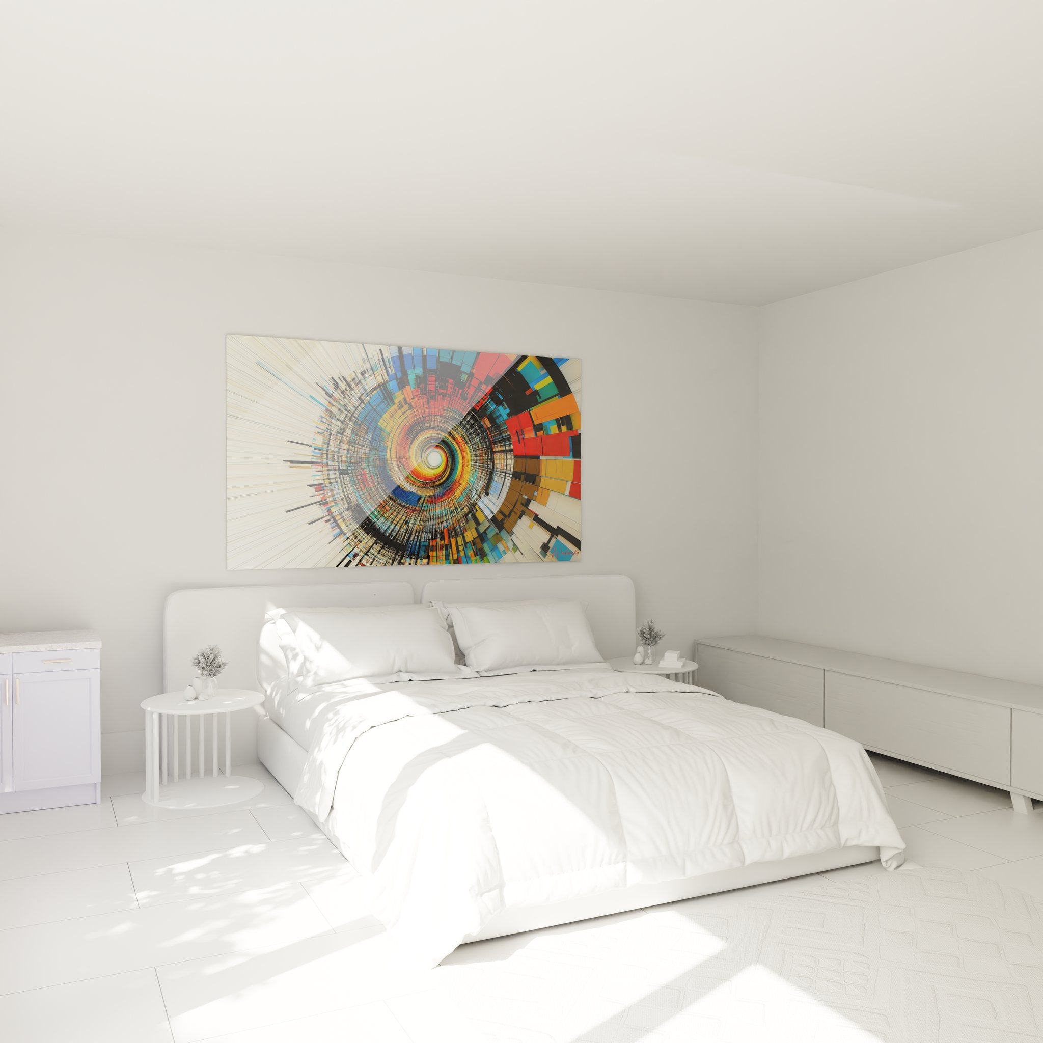 Décoration chambre avec tableau tunnel digital coloré spirale abstraite ambiance moderne