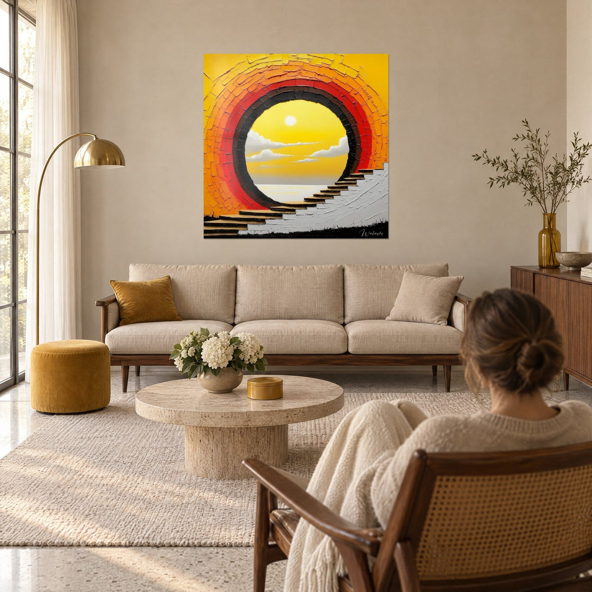 Cuadro portal circular sobre cielo amarillo limón, anillos rojos y negros, escalera gris, encima de un sofá en un salón luminoso