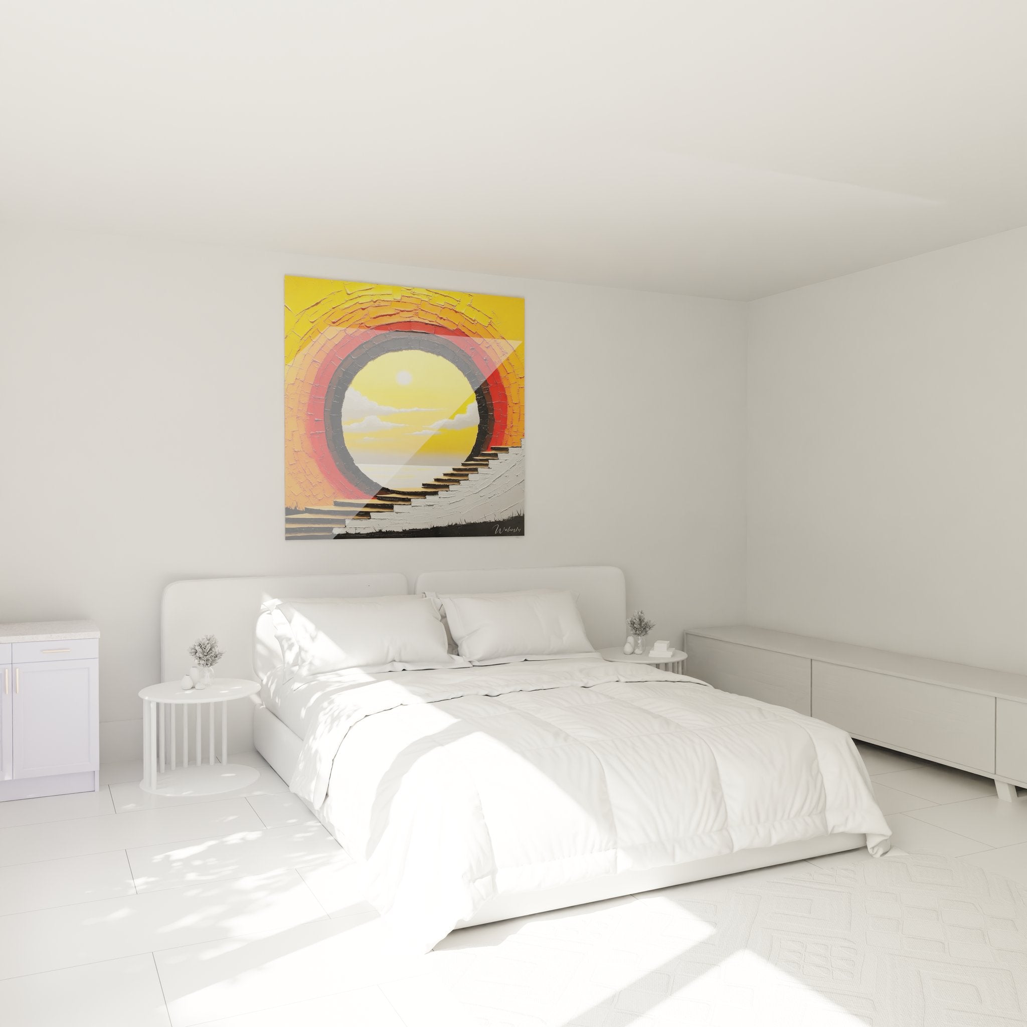 Décoration chambre tableau tunnel doré abstrait avec soleil couchant et nuages blancs