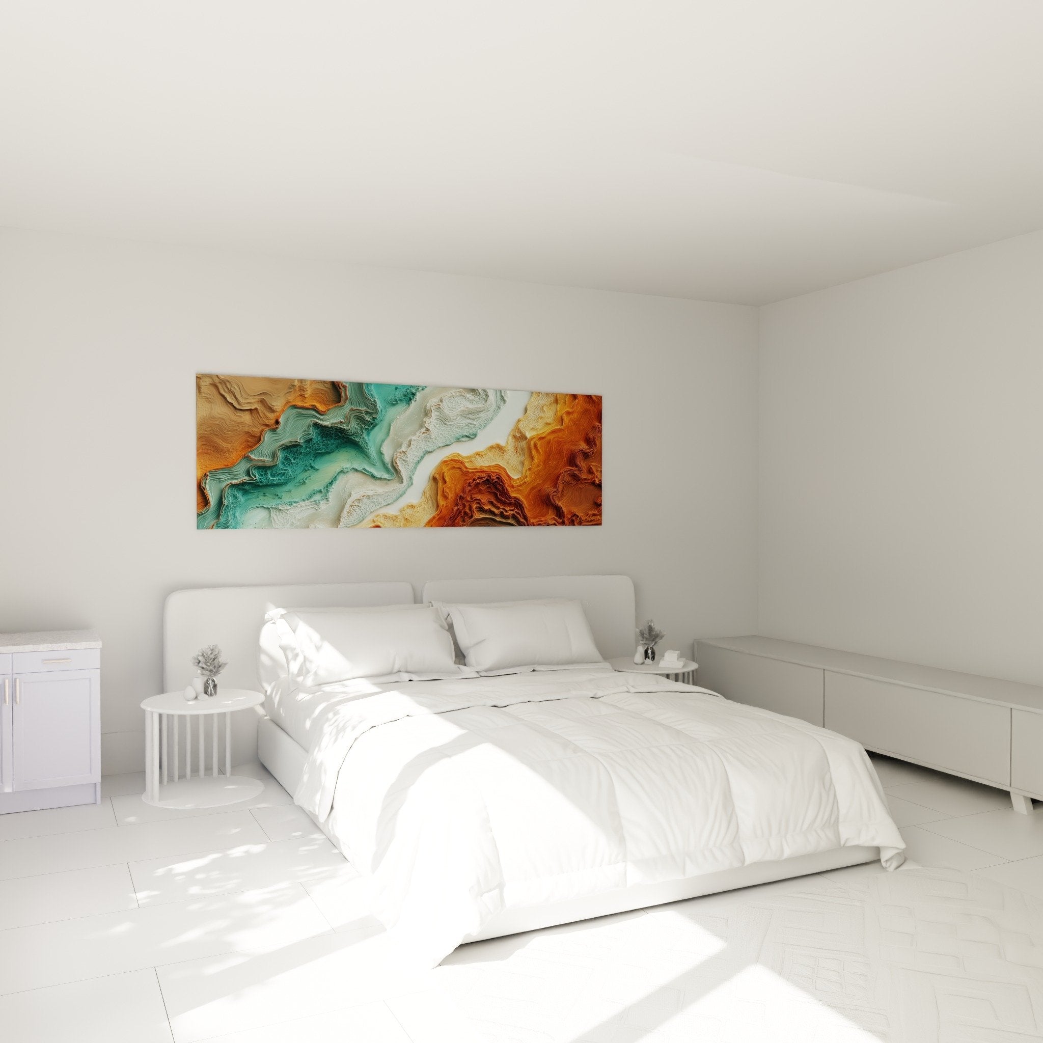 Tableau abstrait turquoise cuivre chambre decoration murale feng shui harmonieuse apaisante moderne