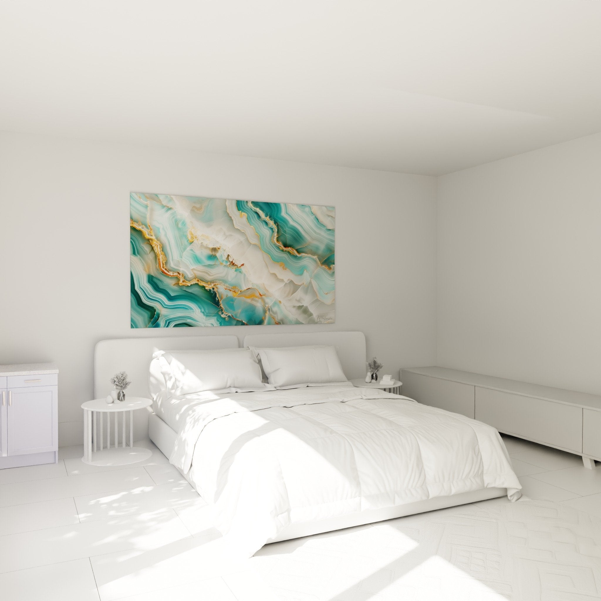 deco chambre tableau abstrait turquoise dore au dessus lit ambiance zen moderne