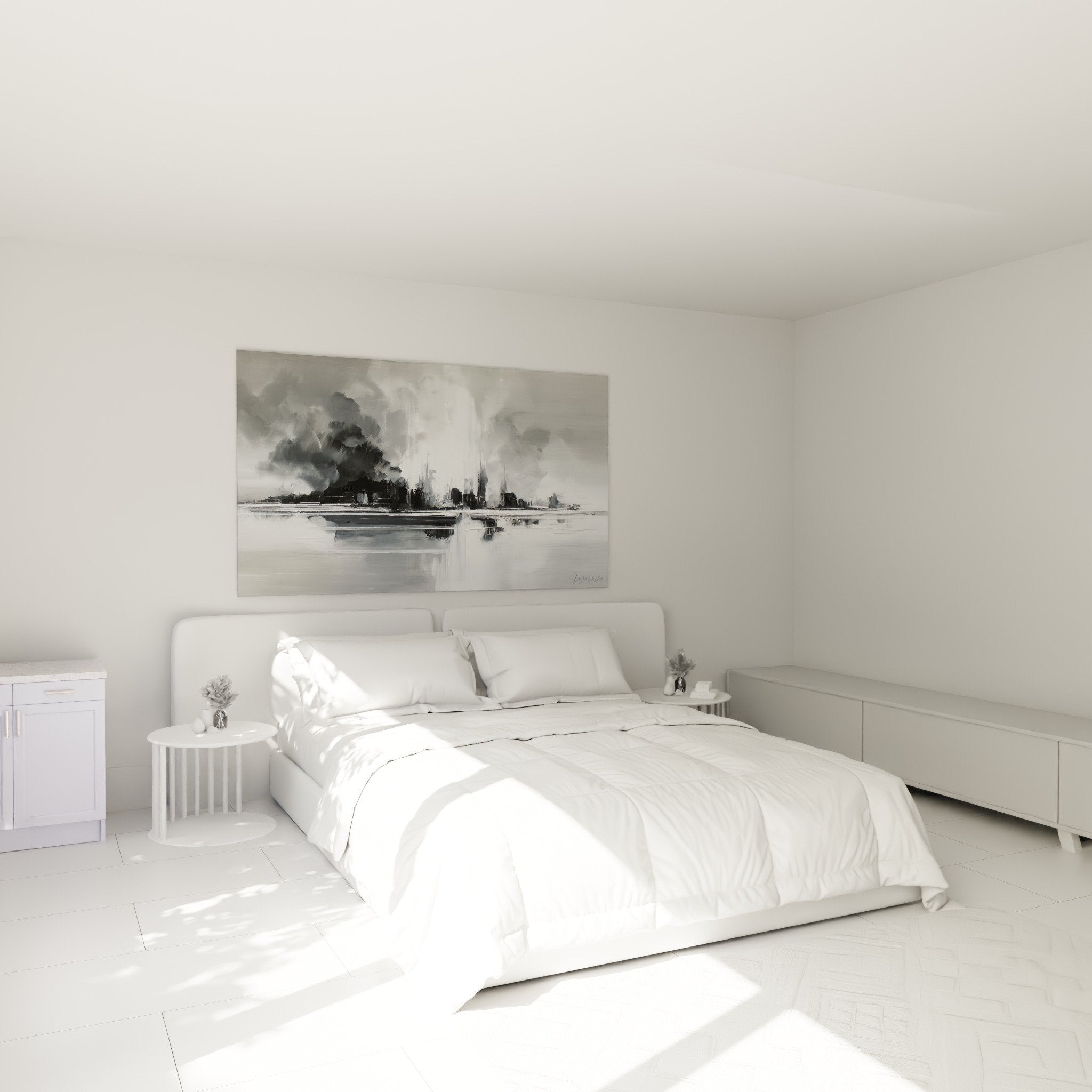 decoration chambre tableau urbain gris reflets eau ambiance sereine feng shui metal