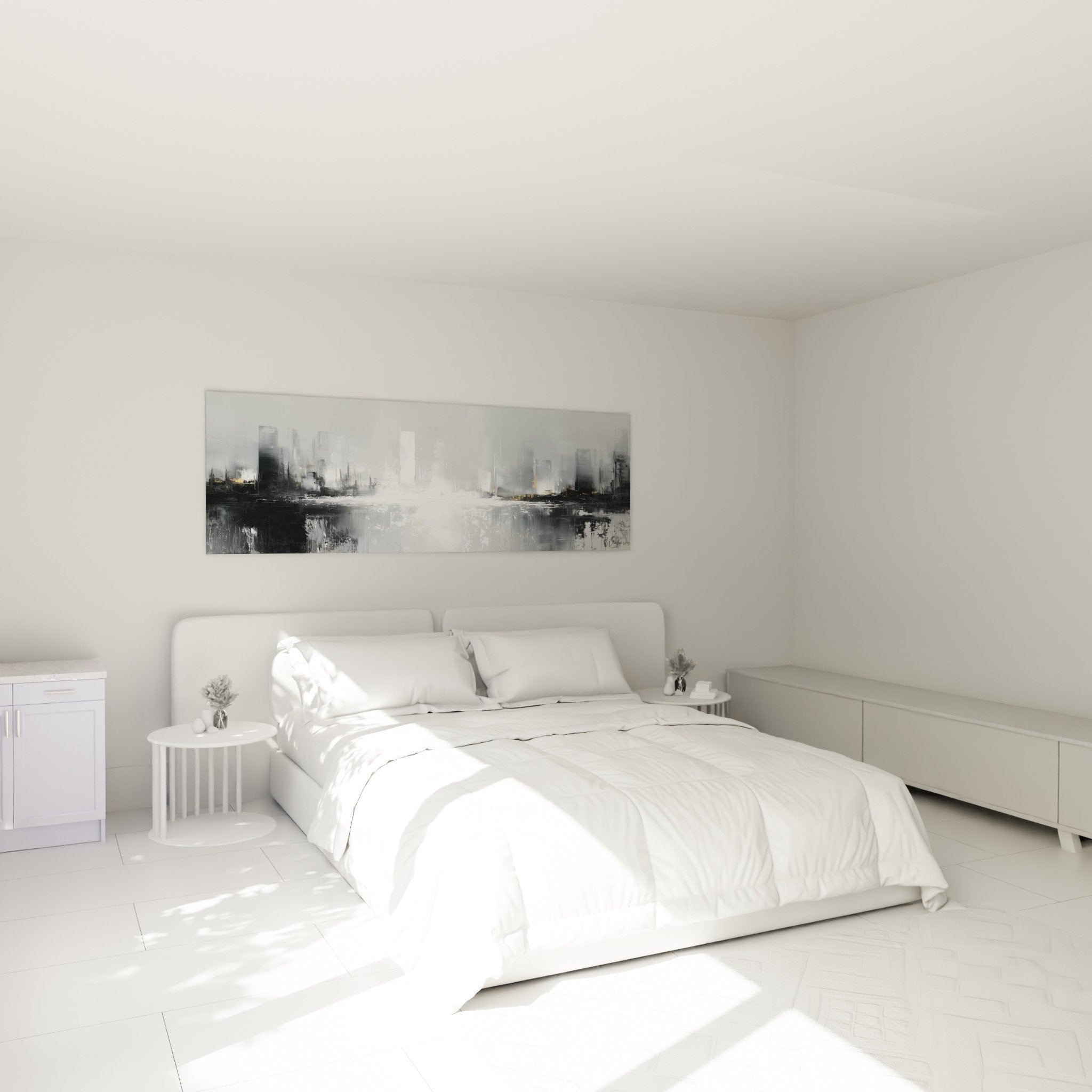 Bedroom wall decor urban painting gray white reflections modern building feng shui west metal soothing ambiance