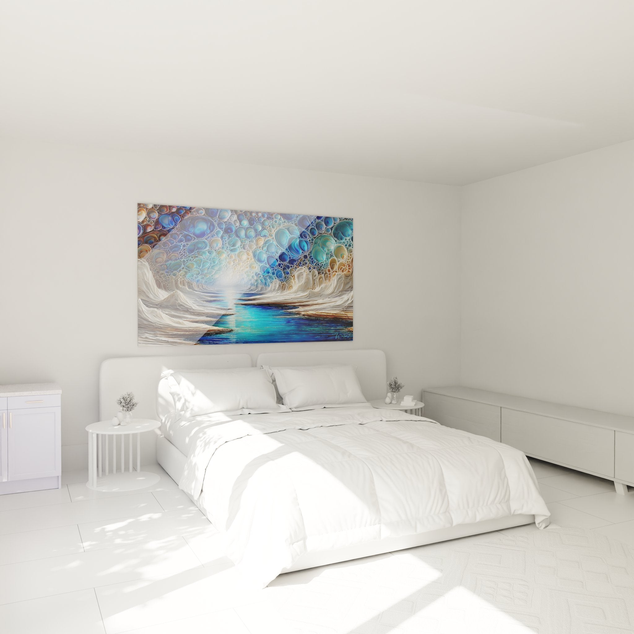 Décoration chambre tableau vague abstraite bulles cristallines ambiance apaisante art mural moderne