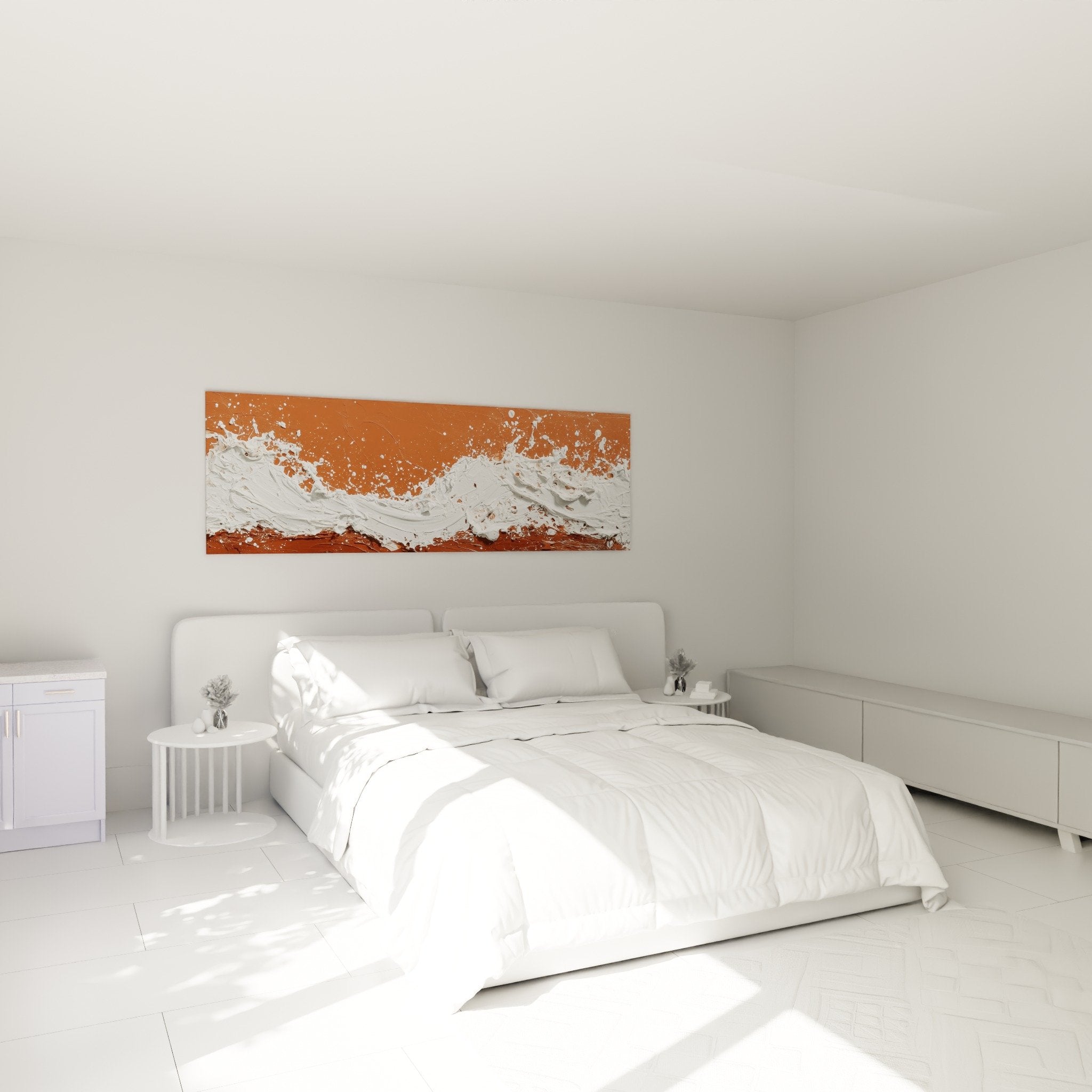 Décoration murale chambre avec tableau vagues blanches ocre, ambiance zen feng shui centre terre