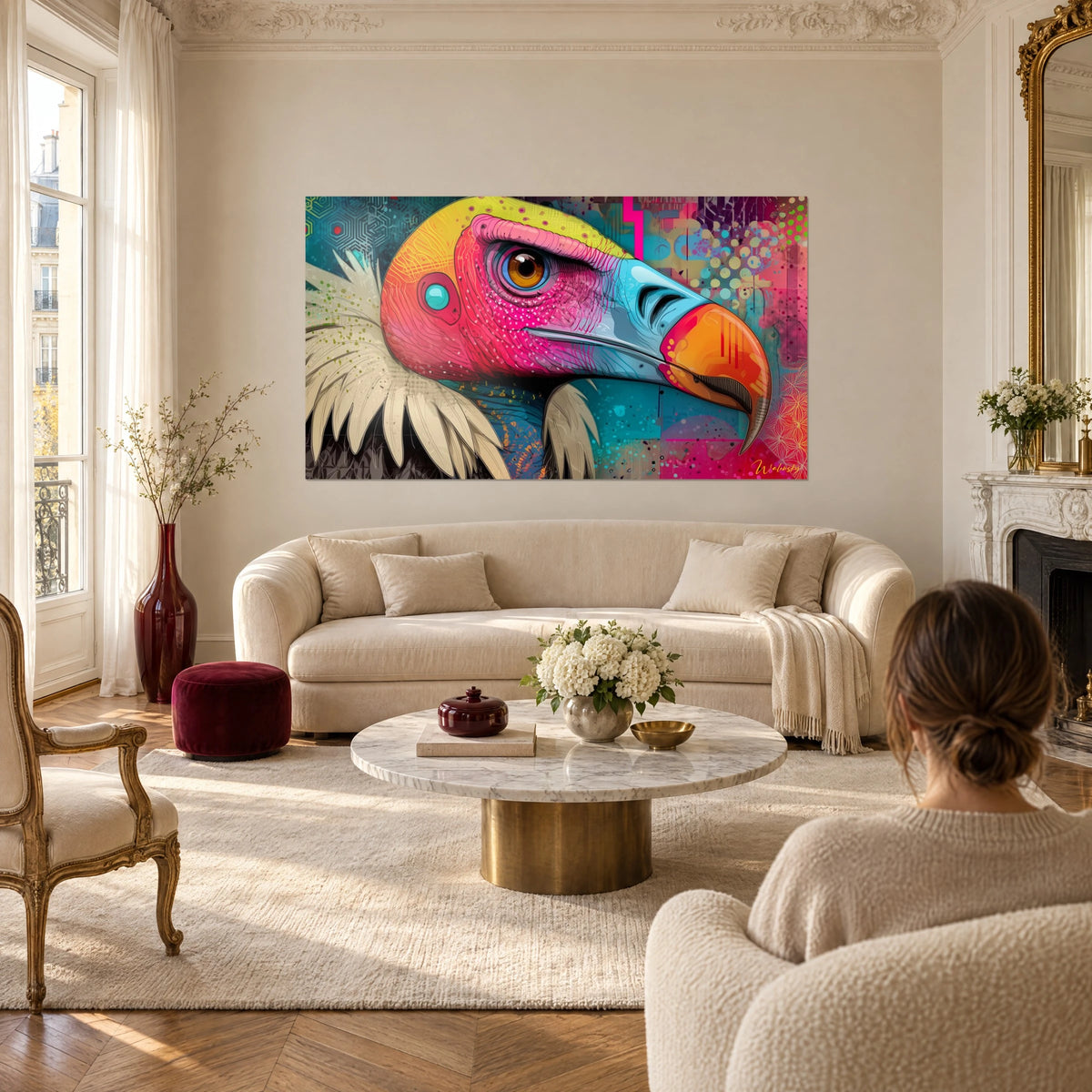Wall art vulture with orange beak and fuchsia pink head, cream plumage, turquoise background, above a sofa in a bright living room