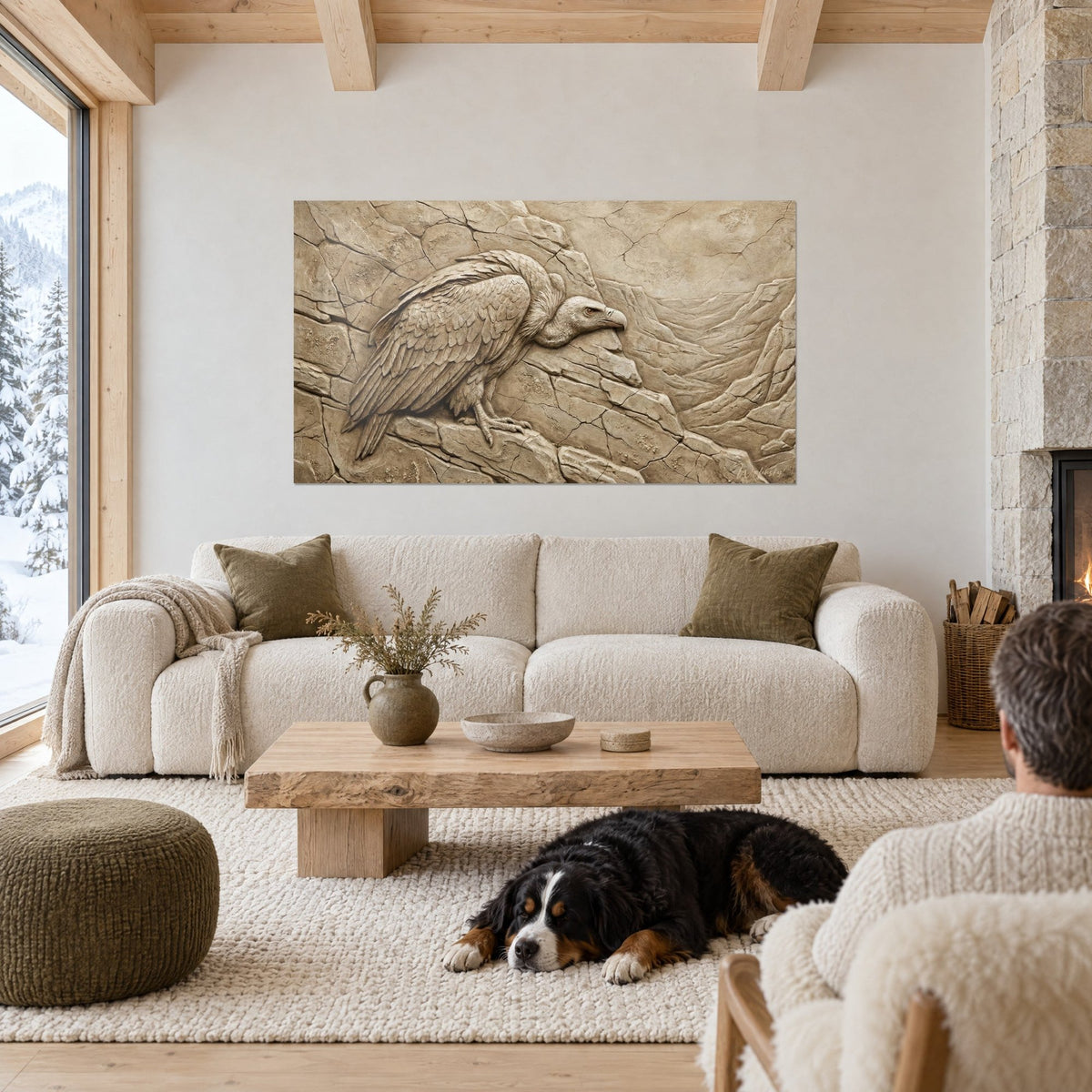 Tableau vautour fauve en bas-relief de pierre sable et beige, plumage ciselé, deux personnes de dos et un chien au-dessus d'un canapé dans un salon lumineux