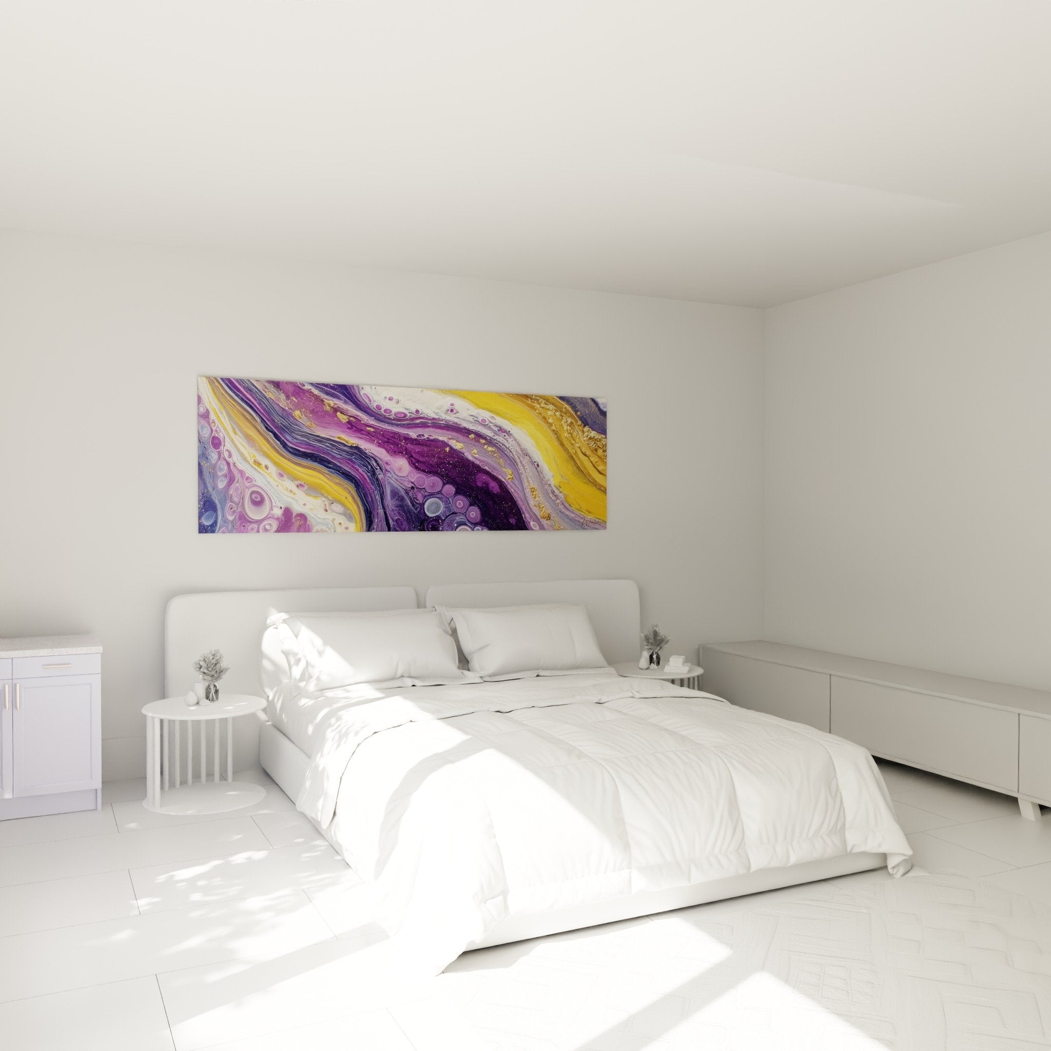 Décoration murale abstraite violet doré dans chambre moderne - Art feng shui Sud-Est Bois
