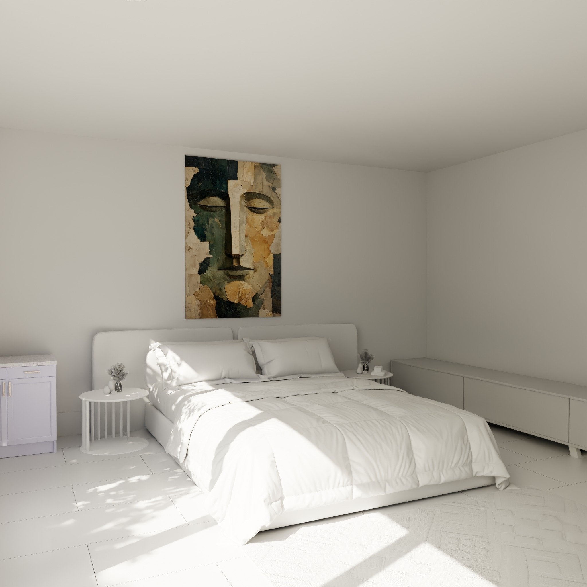 Tableau visage contemplatif vert ocre dans chambre moderne, ambiance apaisante et méditative