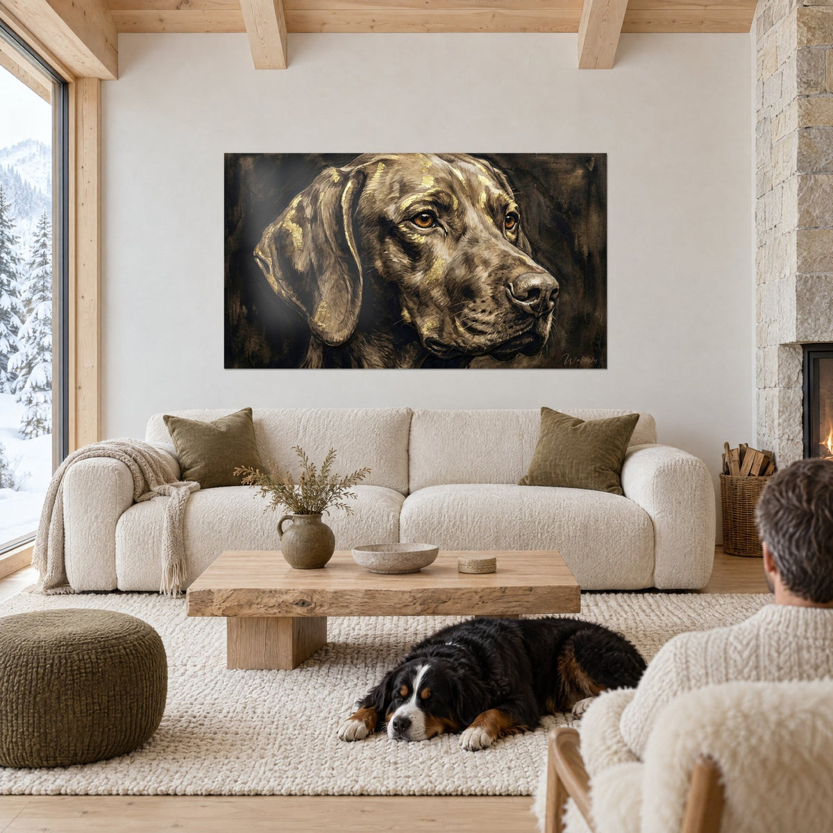 Gemälde Porträt eines braunen Vizsla mit goldenen Glanzlichtern und bernsteinfarbenen Augen, mit einer Person und einem Hund von hinten, über einem Sofa in einem hellen Wohnzimmer