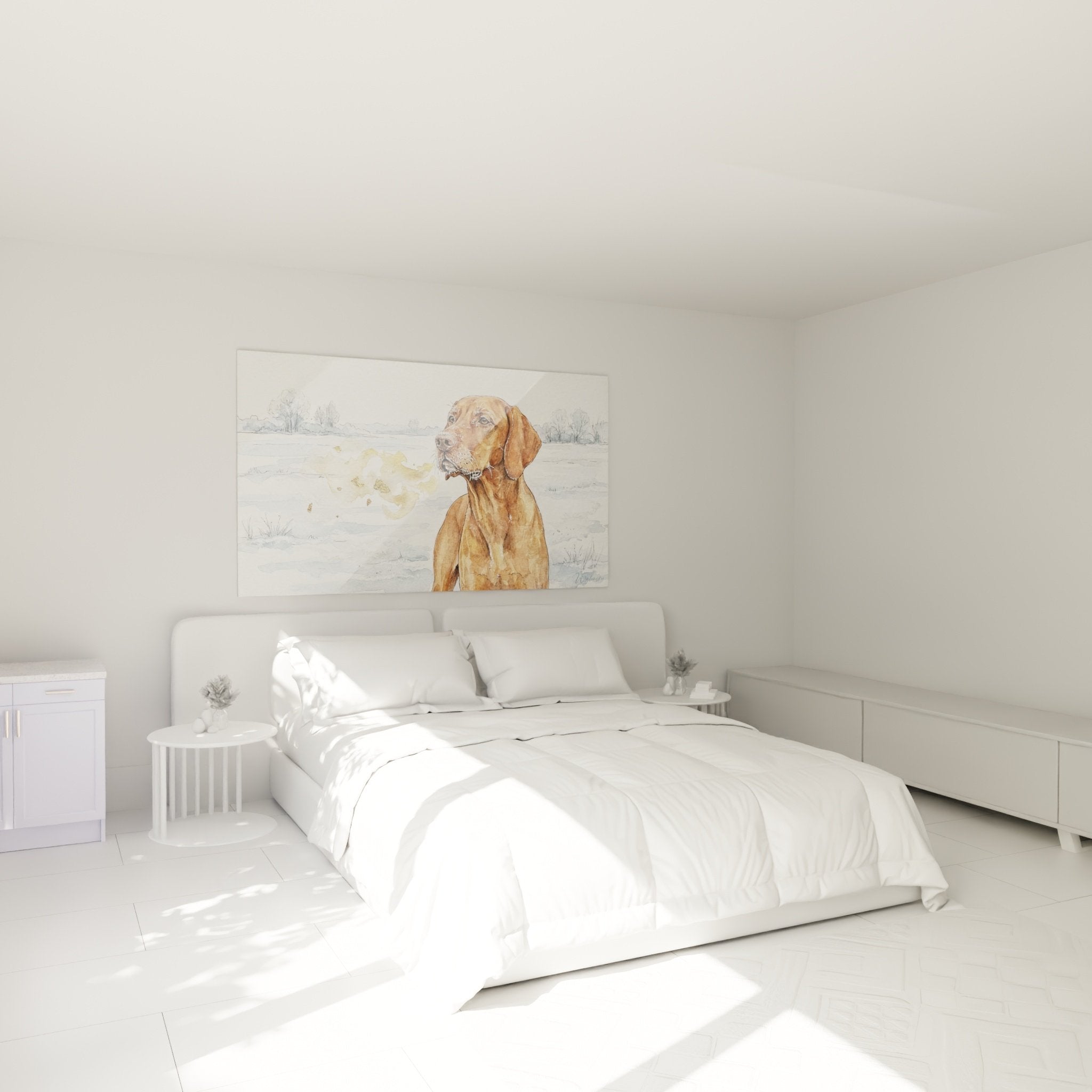 Decoration chambre avec tableau chien Vizsla hiver aquarelle tons chauds