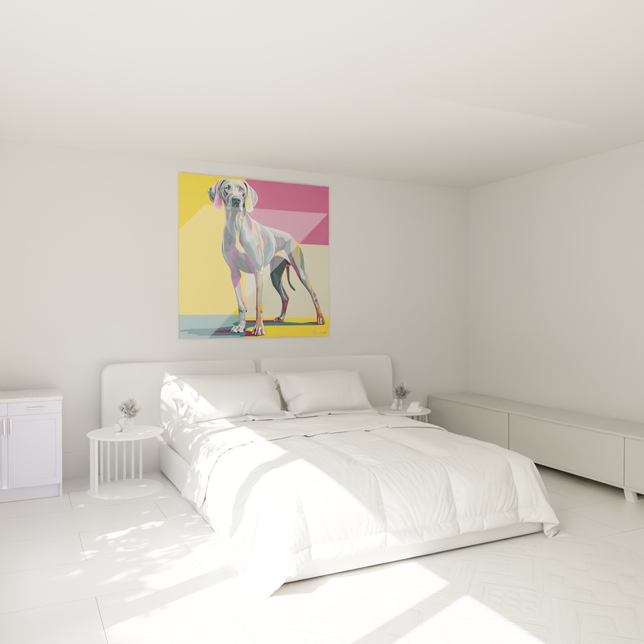 Tableau chien Weimaraner coloré décorant chambre moderne mur blanc ambiance artistique