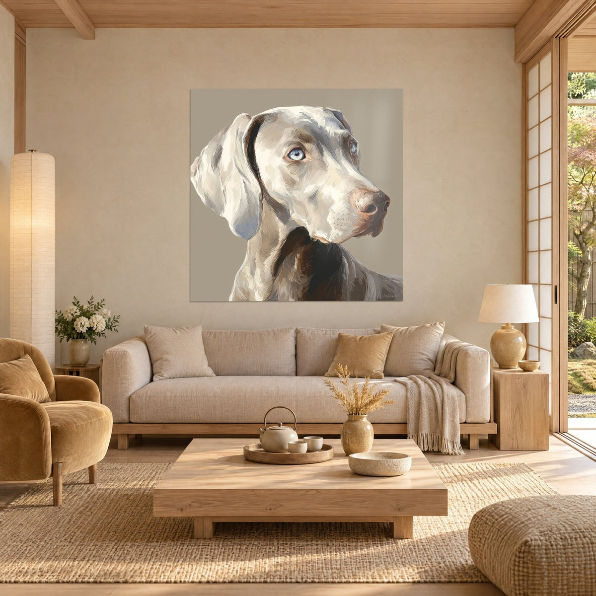 Gemälde Weimaraner mit gletscherblauen Augen, perlgraues Fell und taupefarbener Hintergrund, über einem Sofa in einem hellen Wohnzimmer