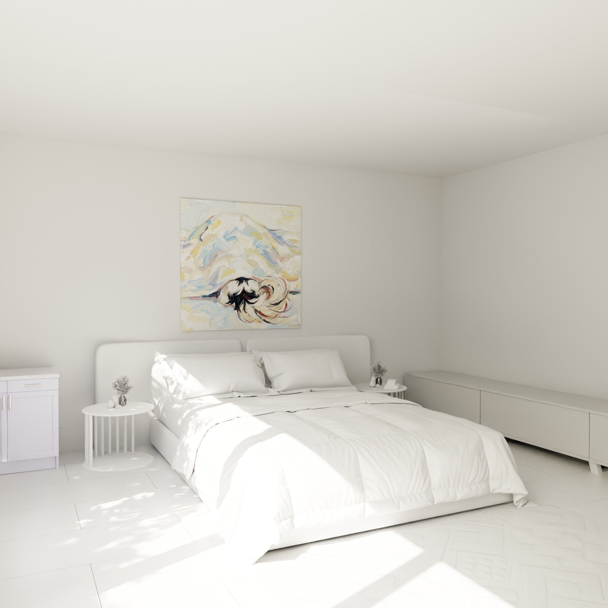 decoration murale chambre tableau abstrait bleu blanc or ambiance zen epagneul japonais