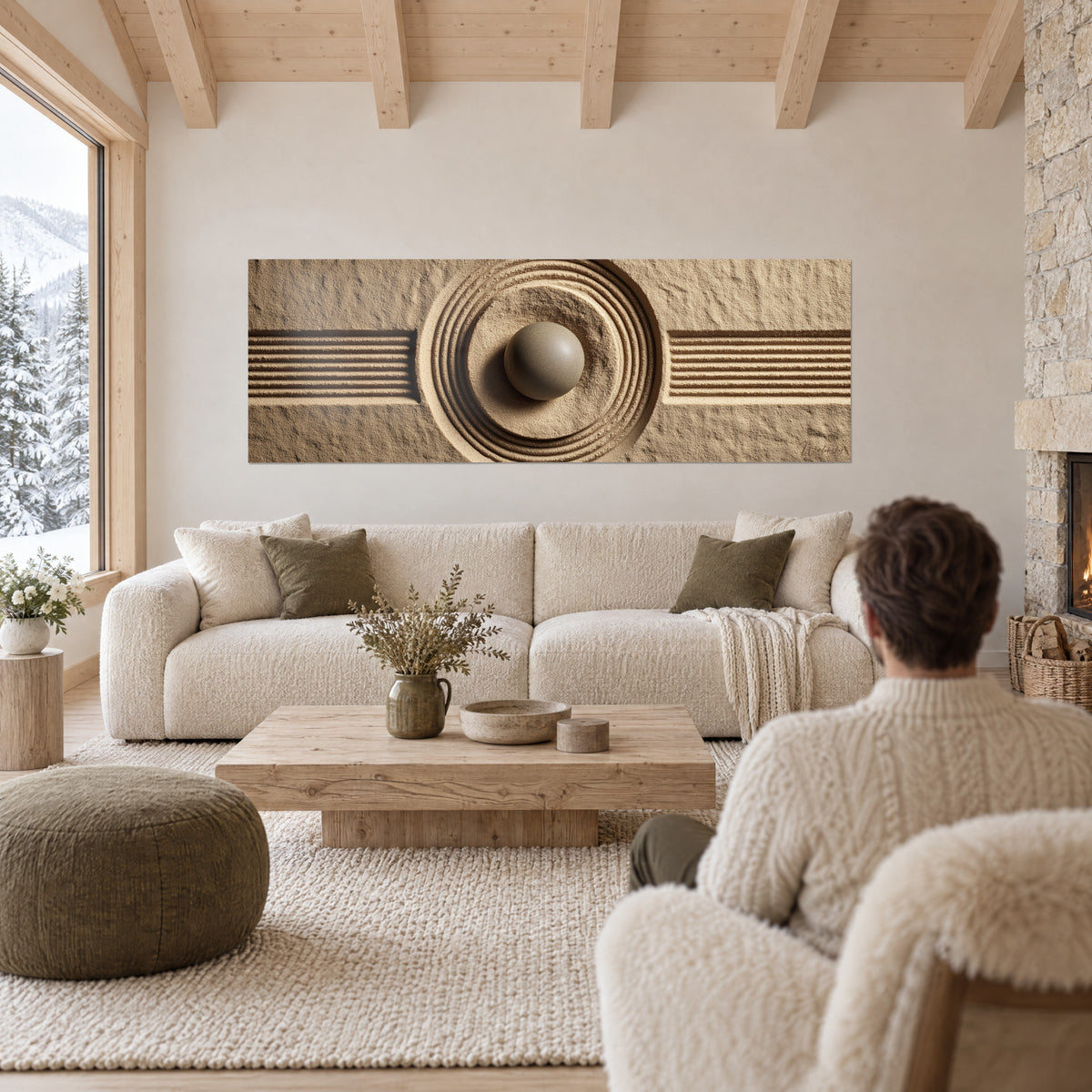 Quadro giardino zen di sabbia beige, sfera grigia cinta da anelli incisi, uomo di spalle sopra un divano in un soggiorno luminoso