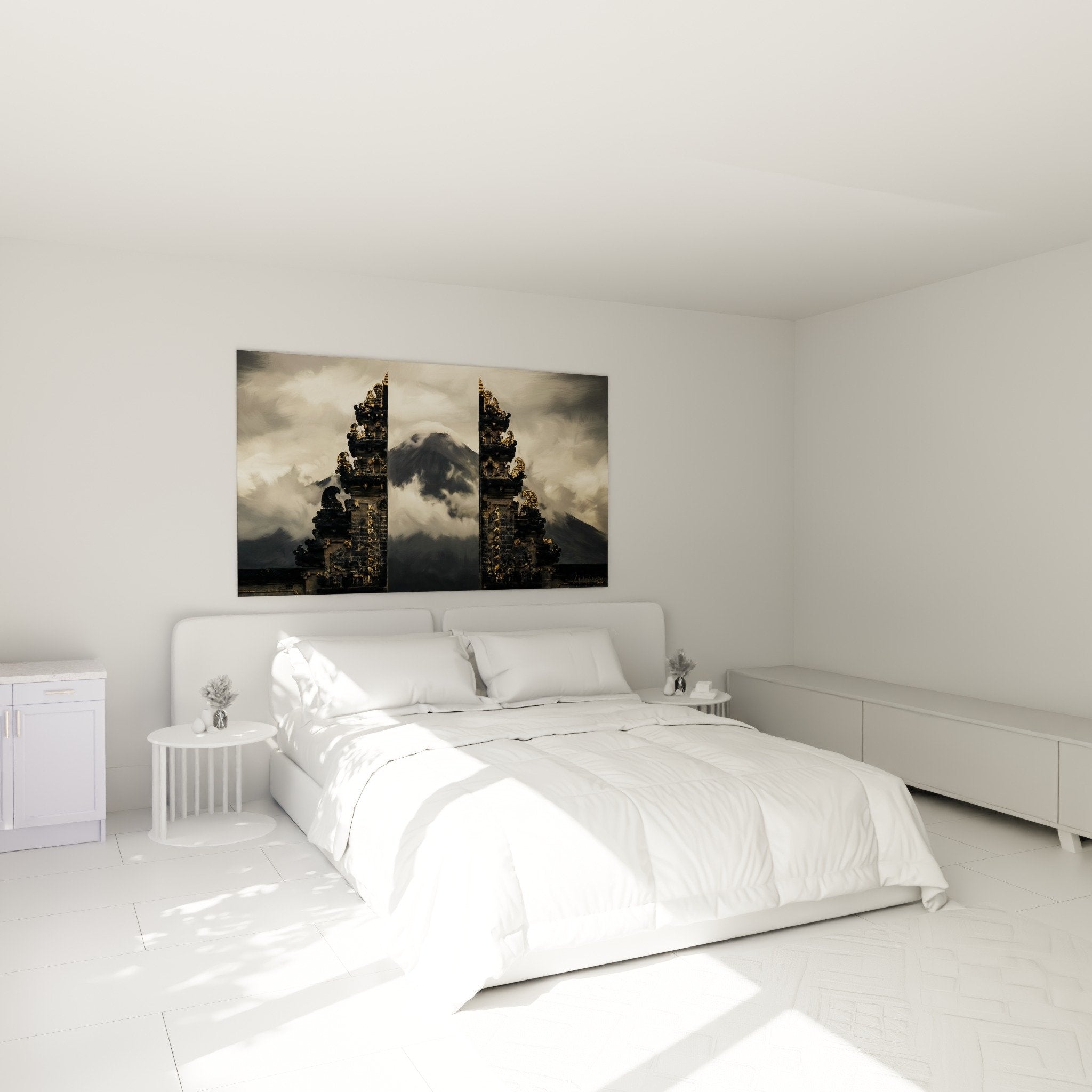 Décoration murale chambre temple bali volcan nuages art spirituel zen méditation sculpture dorée pierre