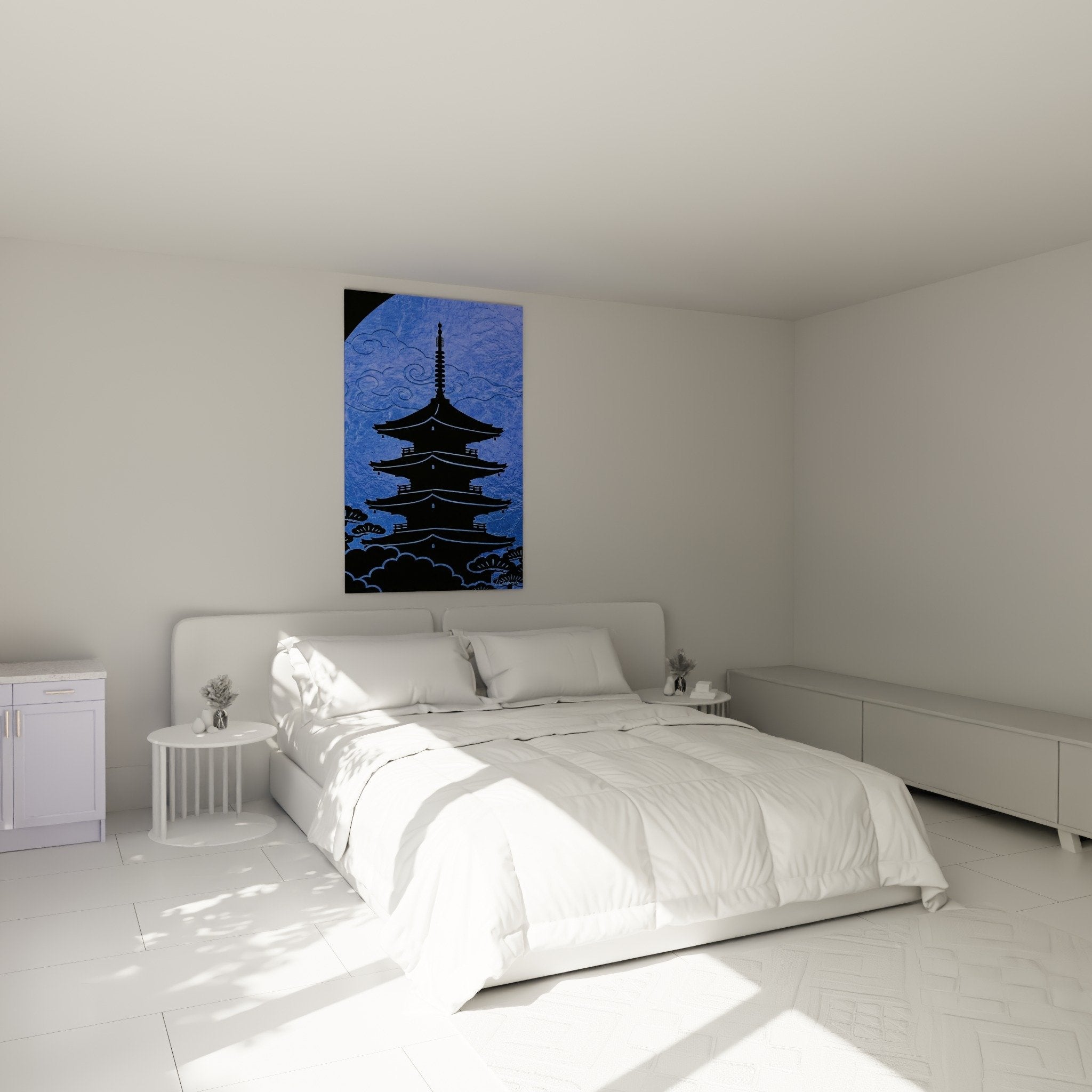 decoration murale temple bouddhiste silhouette bleue chambre zen ambiance spirituelle meditation relaxation